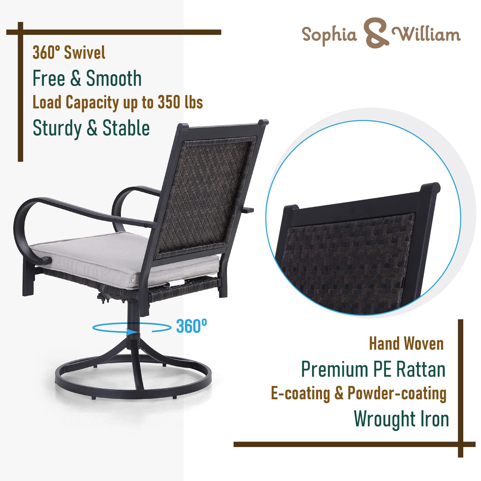 Sophia & William 5-Piece Outdoor Patio Dining Set - Wicker Rattan Furniture with Cushioned Chairs & Round Metal Umbrella Table for Garden, Backyard, Lawn (Perfect for Outdoor Entertaining & Al Fresco Dining)