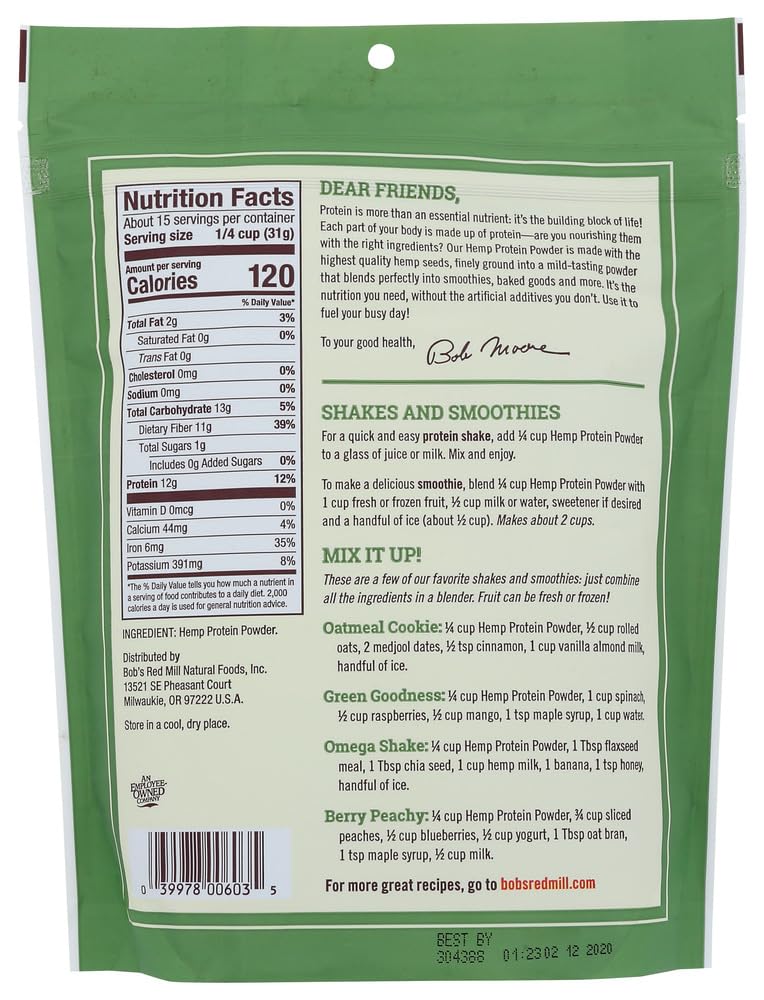 Bobs Red Mill Organic Hemp Protein Powder - 4 Pack (4x453g) | Plant-Based Protein for Smoothies, Baking & Post-Workout Recovery | Vegan, Gluten-Free Superfood Supplement