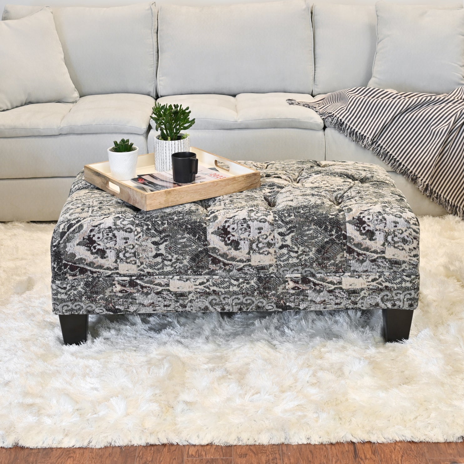 Roundhill Furniture Berliton Fabric Tufted Oversized Ottoman in Turkish Charcoal - Large Storage Footstool, Living Room Pouf, Bedroom Bench - Perfect for Home Decor, Lounge & Relaxation