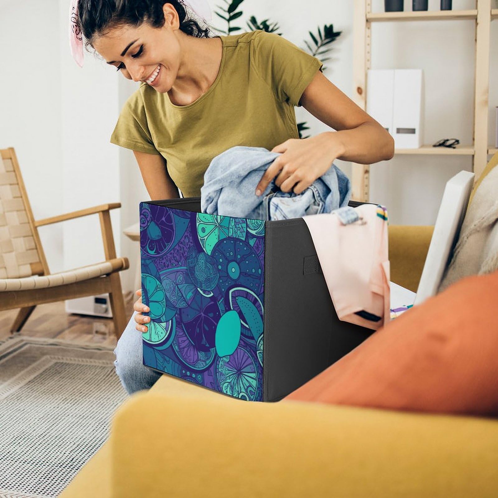 Blue Teal Lemon Printed Storage Baskets - 2 Pack Fabric Storage Bins & Containers for Home Organization | Closet, Nursery, Laundry Room & Bathroom Storage Solutions