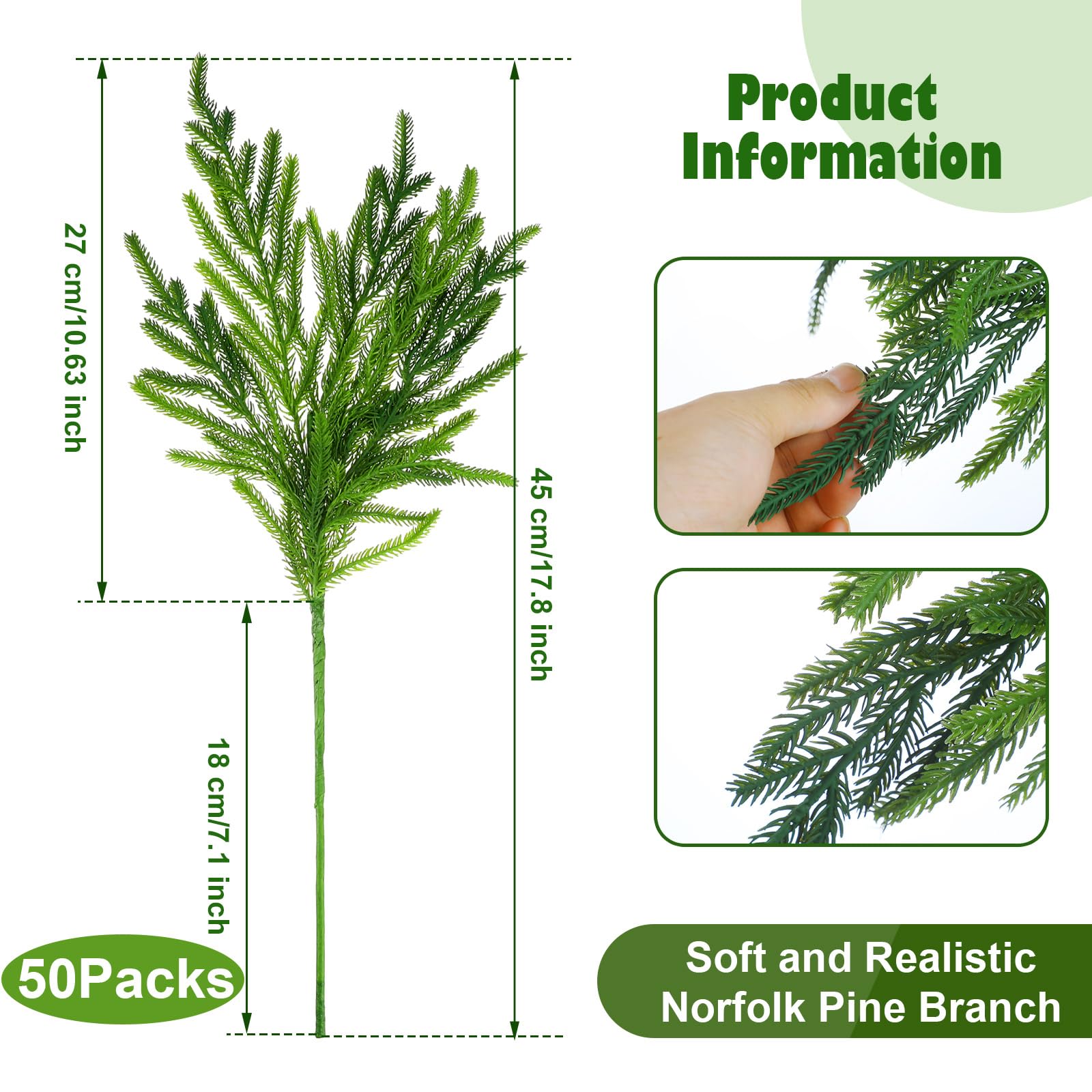 Jutom 50 Pcs Artificial Norfolk Pine Branches - 18 Inch Faux Greenery Stems for Christmas DIY Crafts, Xmas Garland, Wreath Making, Vase Arrangements & Holiday Home Decor - Perfect for Festive Centerpieces, Mantel Decorations and Seasonal Tablescapes