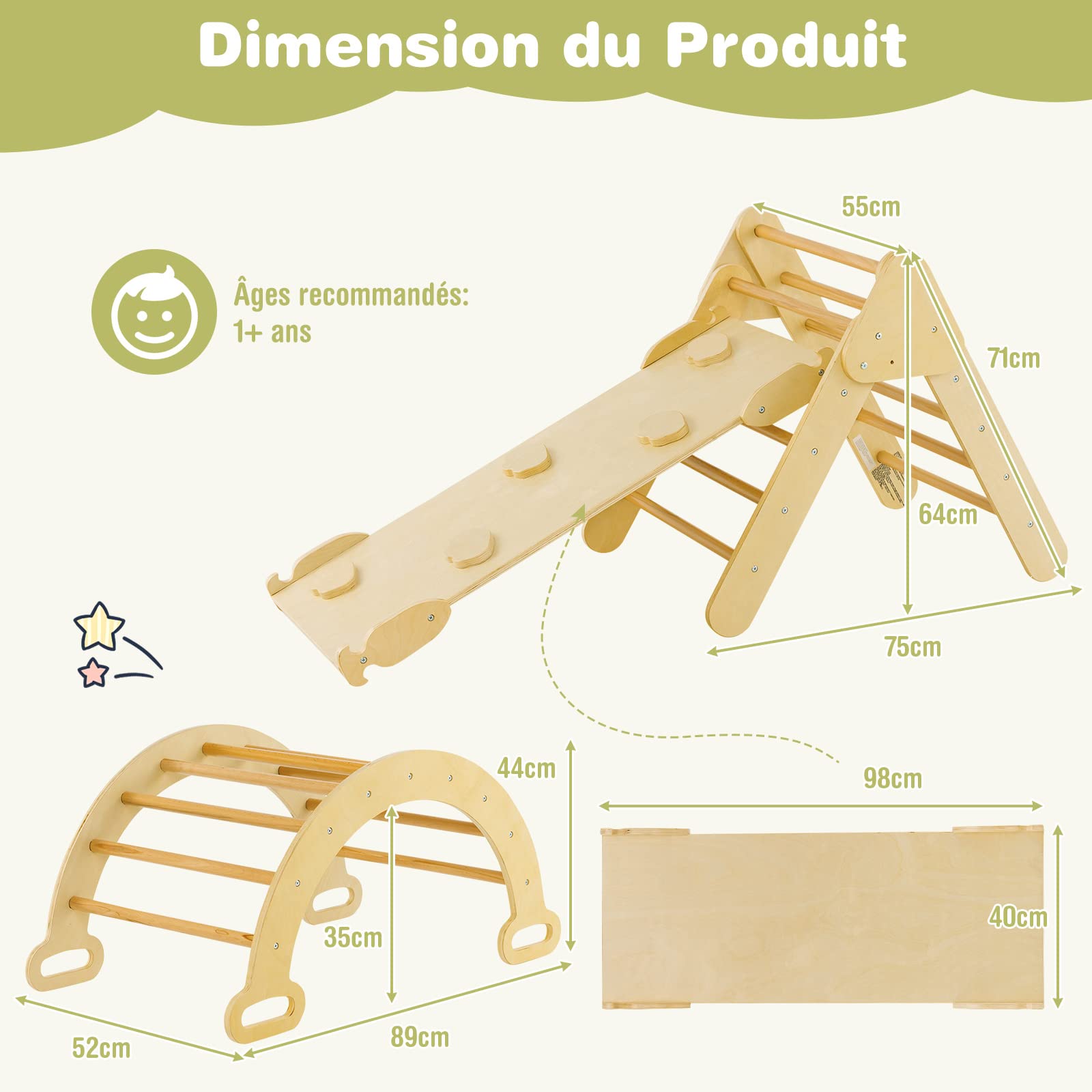 COSTWAY 7-in-1 Montessori Climbing Triangle with Double-Sided Ramp, Slide & Ladder - Solid Beech Wood Toddler Climbing Gym for Kids 1-6 Years (50kg Weight Limit) - Indoor Playroom, Nursery, Preschool Activity Equipment for Motor Skills Development