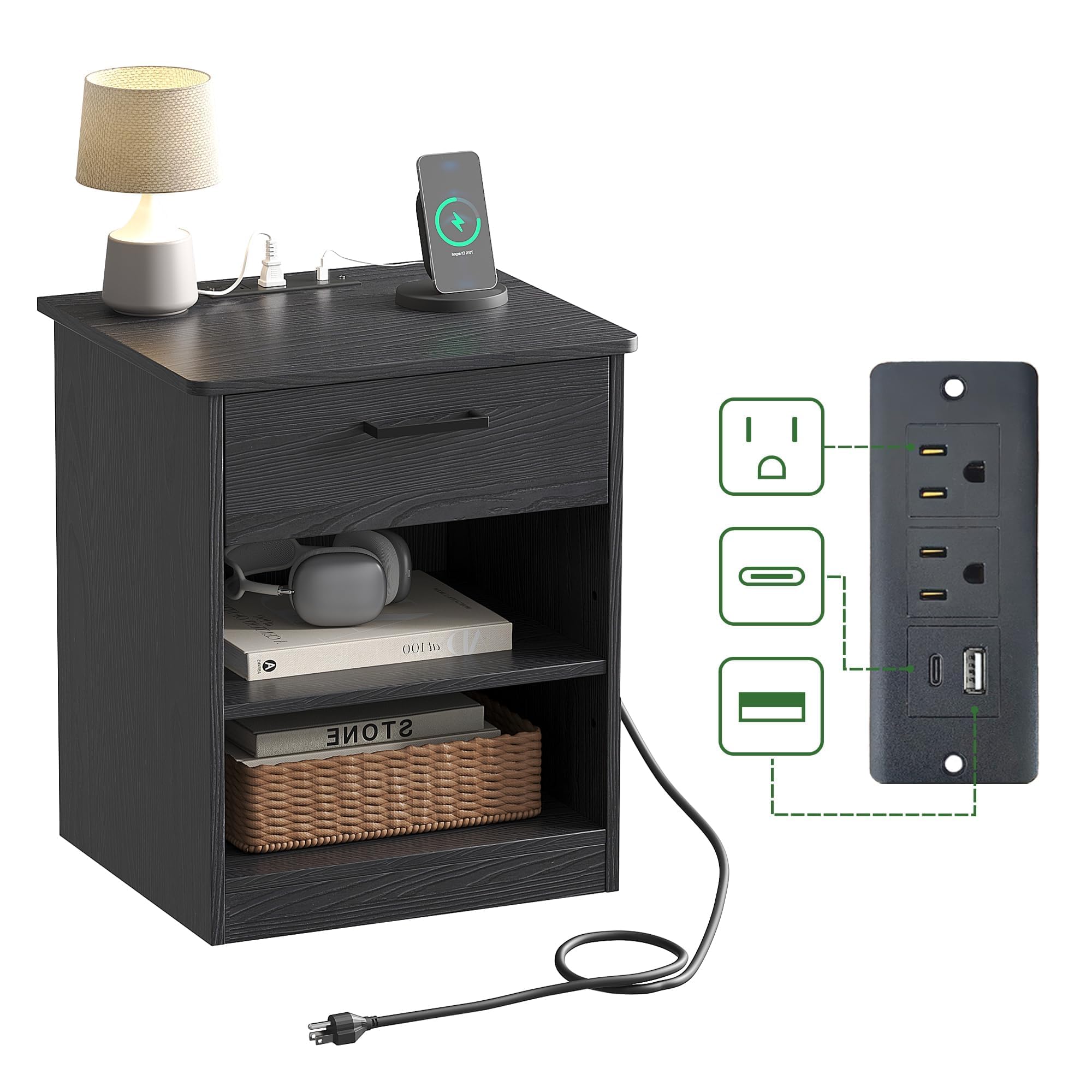 Fast Charging Wooden Side Table with USB-C Port - Black Nightstand with Drawer & Adjustable Shelf for Bedroom | Compact End Table for Phone Charging, Reading Lamp & Alarm Clock Placement (Set of 1)