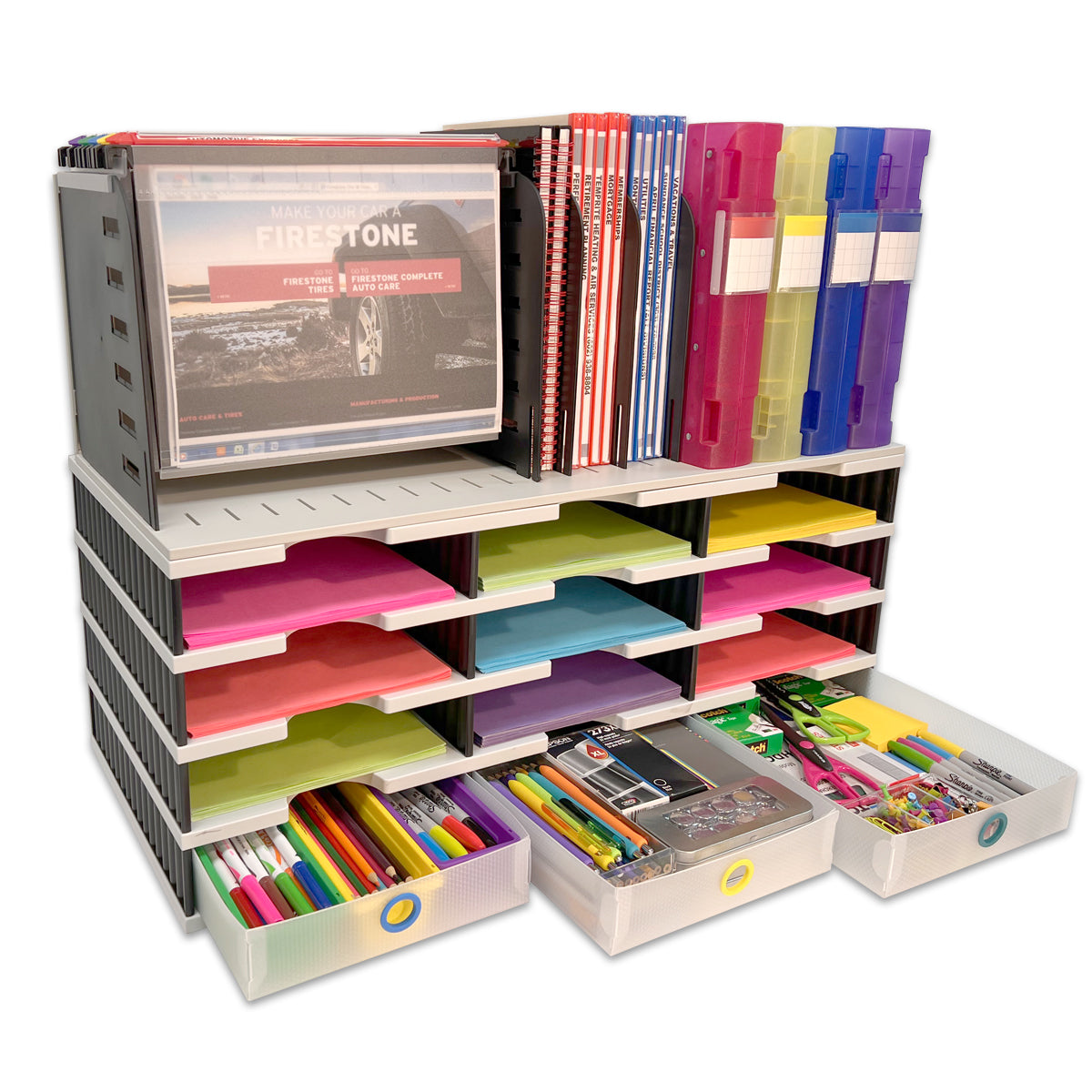 12-Tier Desktop Organizer with Hanging File Topper & 3 Drawers - Modular Letter Tray Sorter for Documents, Books, Binders & Office Supplies | Perfect for Home Office, School & Workspace Organization