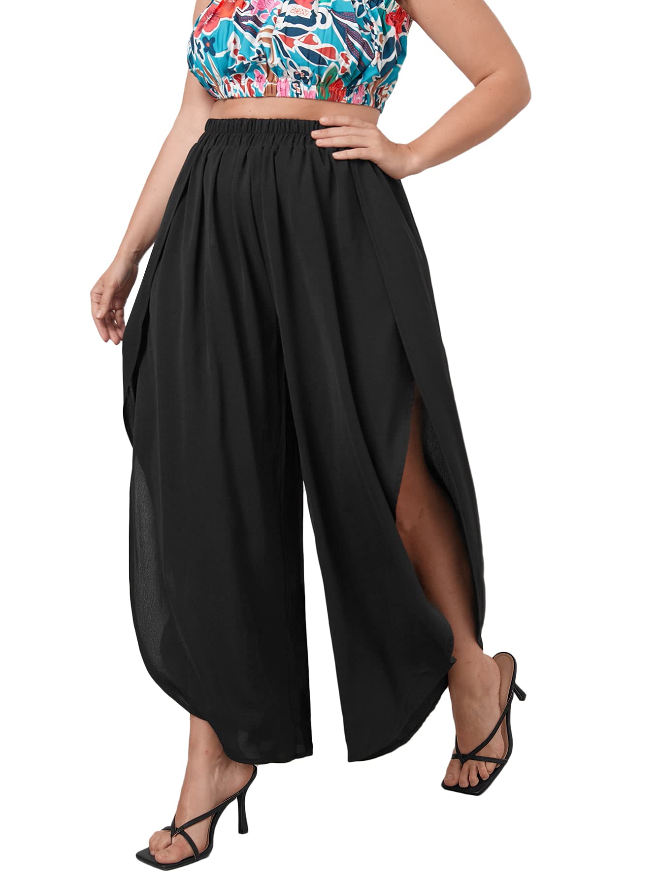 WDIRARA Women's High Waisted Wide Leg Pants - Elastic Waistband with Tie Front Wrap Design for Comfort & Style | Perfect for Office, Casual Wear & Travel