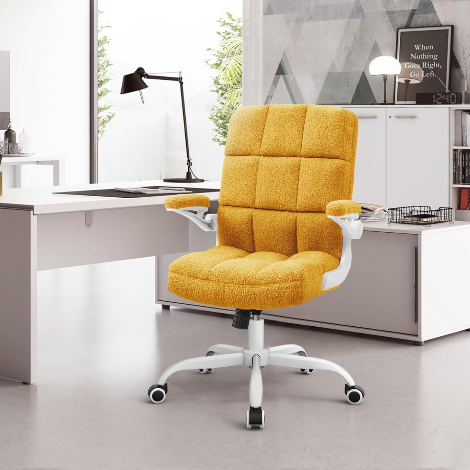 SEATZONE Yellow Office Chair with Flip-Up Armrests - Faux Fur Rolling Desk Chair with Wheels & Adjustable Back Tilt - Perfect for Home Office, Gaming, and Workspace Comfort
