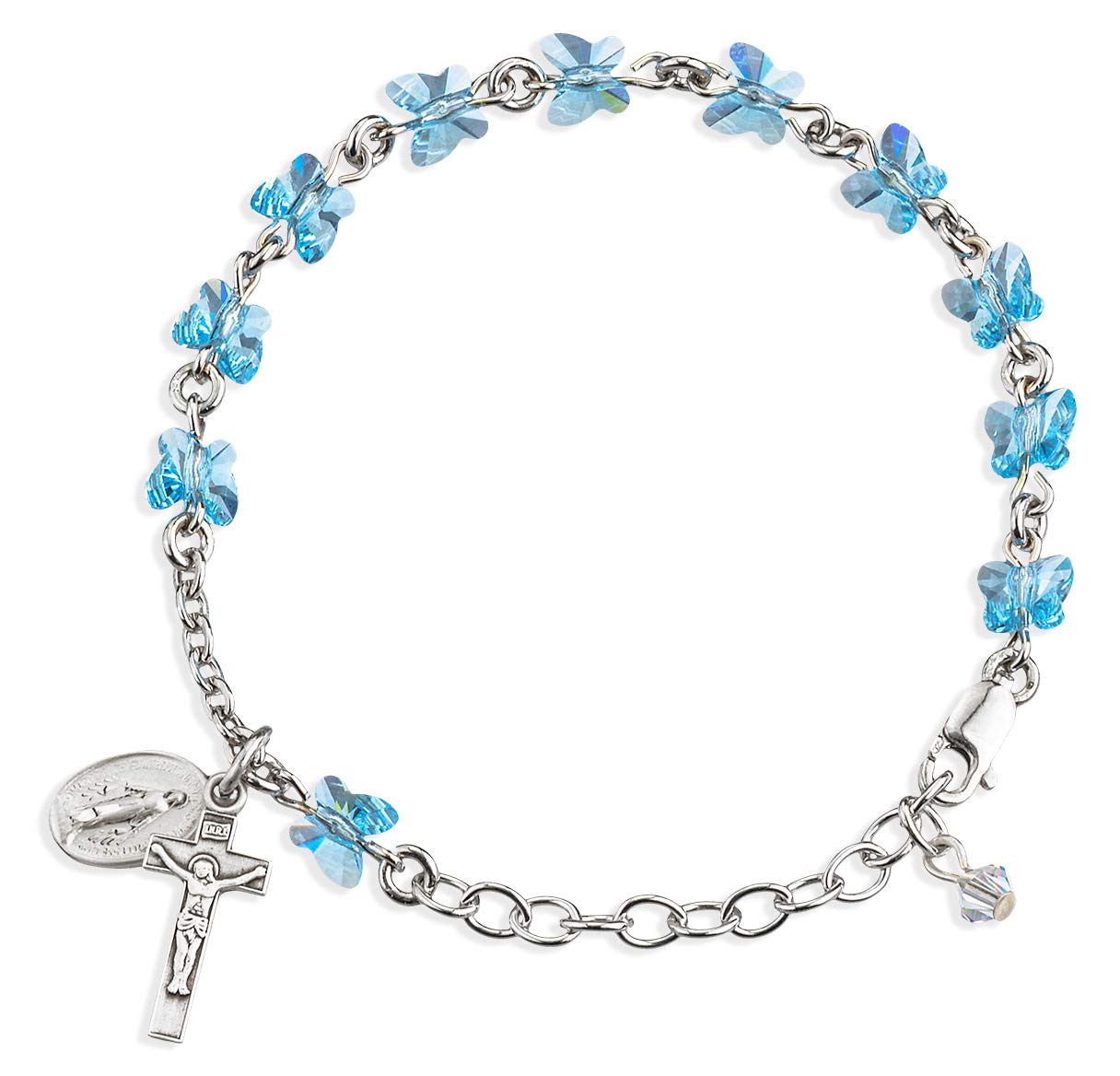 HMH Religious Mfg Aqua Glass Butterfly Bead Bracelet with Miraculous Medal & Crucifix - 7.5 Inch Catholic Jewelry for Women - Perfect for Prayer, Worship & Faith-Based Gifts