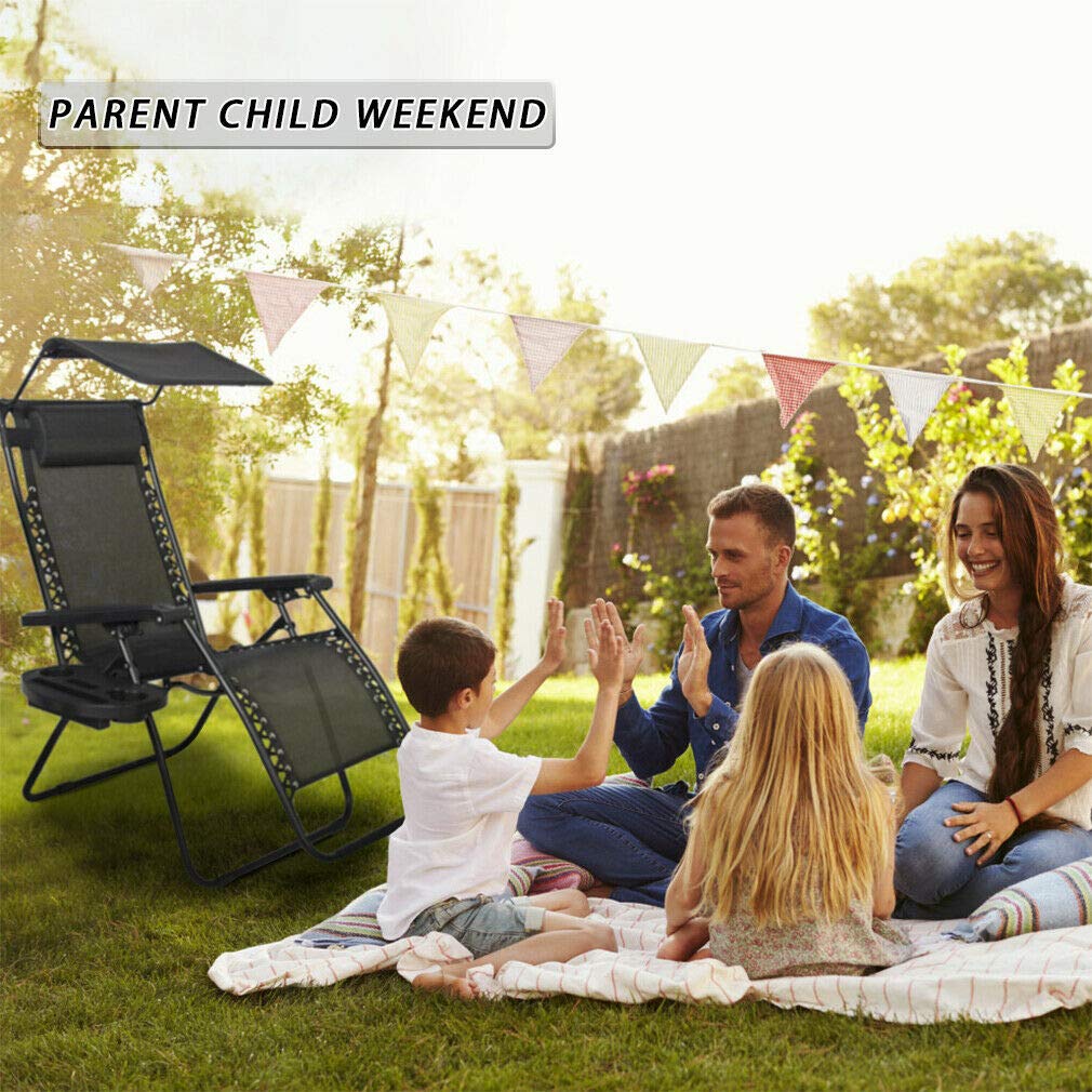 2 Pack Zero Gravity Reclining Lounge Chairs with Canopy & Cup Holder - 250LBS Capacity Outdoor Folding Chaise for Patio, Poolside, Beach, Backyard & Deck - Perfect for Sunbathing, Relaxing & Outdoor Lounging - Black