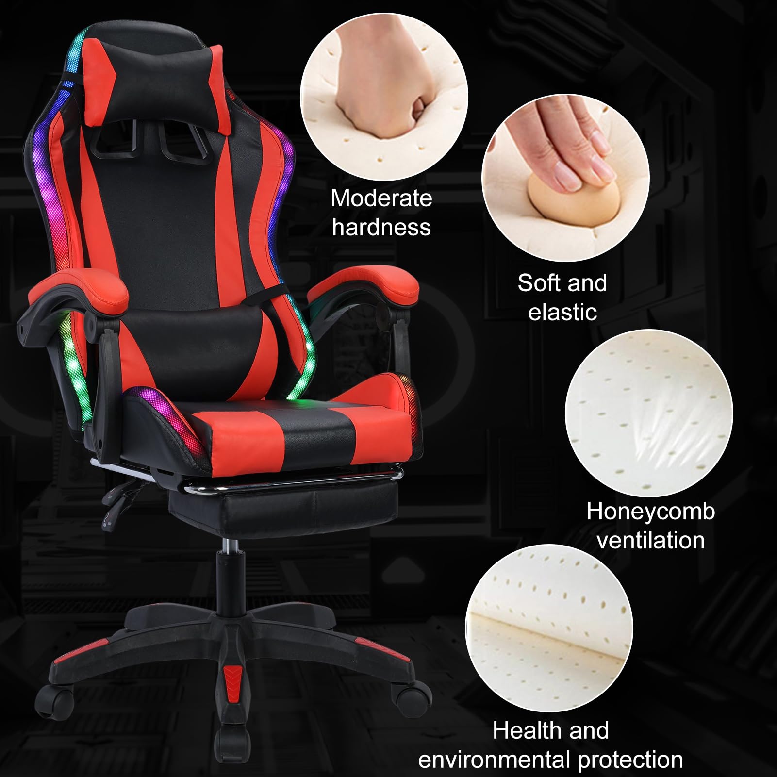 RGB Gaming Chair with Bluetooth Speakers & Massage - Adjustable Height Ergonomic Computer Chair for Adults - High Back Video Game Chair with Lumbar Support - Perfect for Esports, Streaming & Home Office