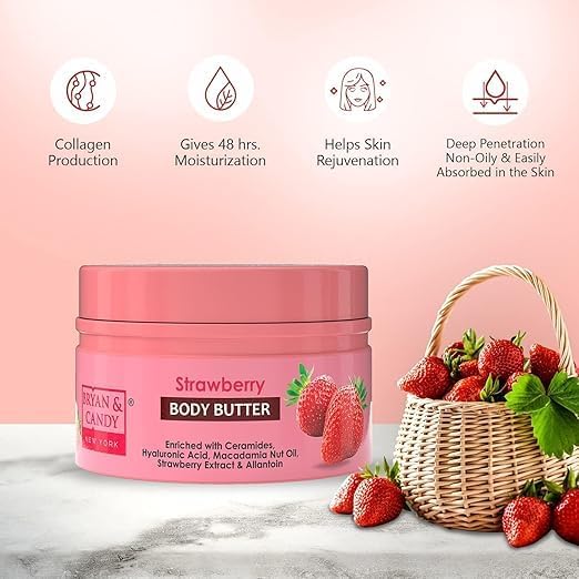 Strawberry Body Butter pH 5.5 - 72 Hour Moisturizing Cream with Ceramides & Hyaluronic Acid | Enriched with Shea Butter & Strawberry Extract | Non-Sticky, Lightweight Formula for Dry Skin | Perfect for Daily Hydration & After-Shower Care (200g)