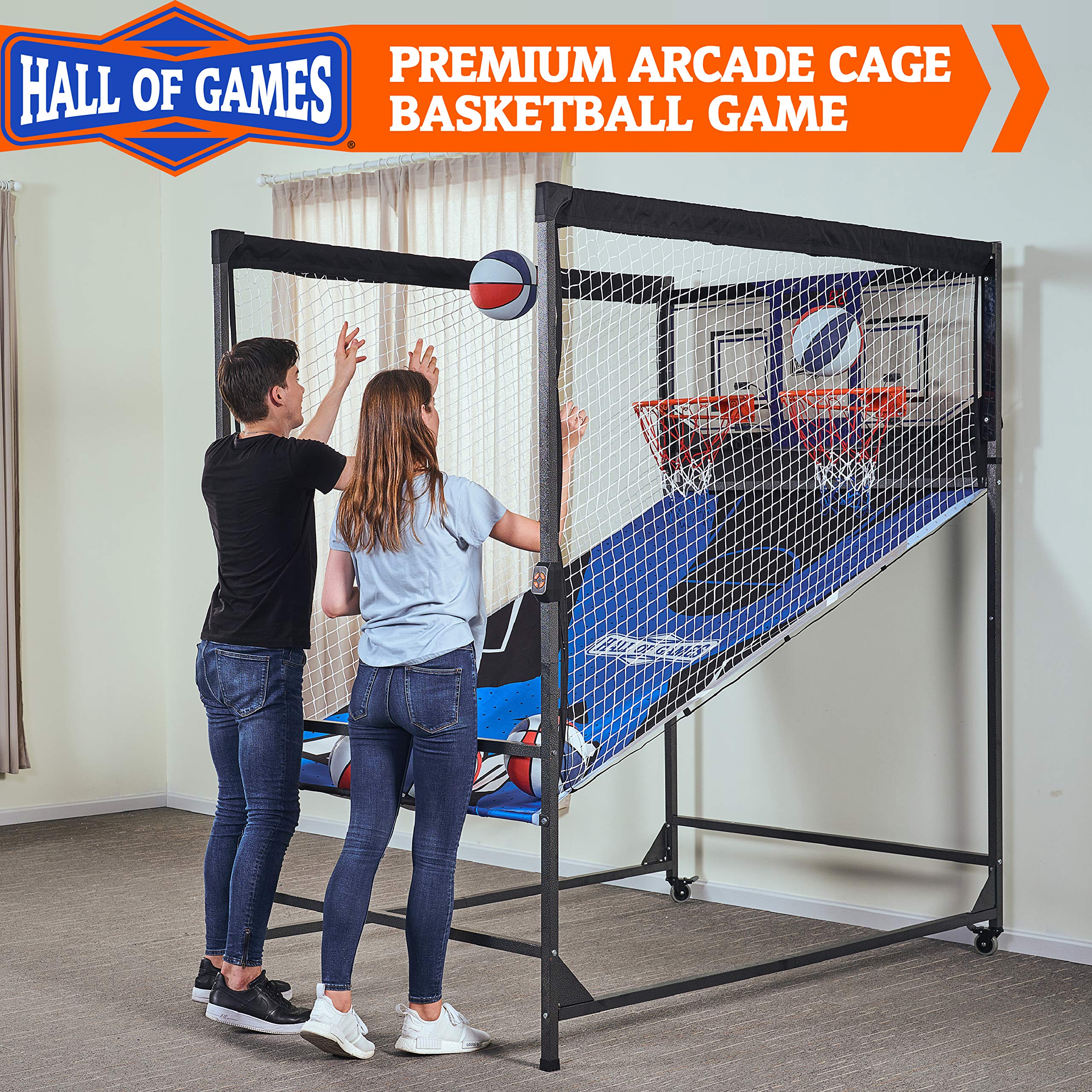 Hall of Games Premium Arcade Cage Basketball Game - Steel Frame & Polycarbonate Backboard, Dual Shot LED Scoring with 6 Size 8.5 Inch Basketballs - Perfect for Indoor Sports, Game Rooms & Family Fun