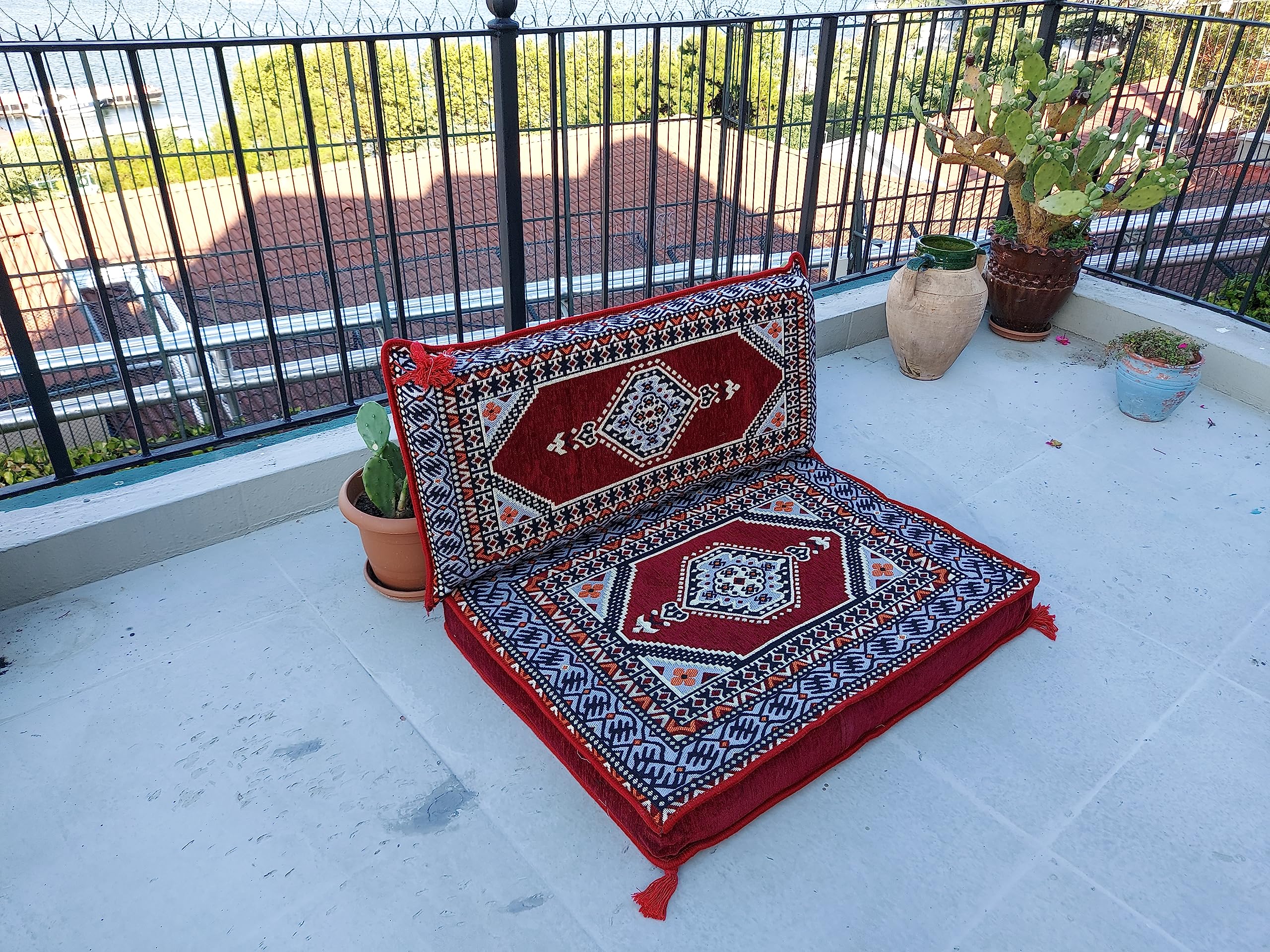 Modern Loveseats & Sectional Sofa Set - Arabic Floor Seating with Pallet Sofa, Turkish Floor Cushions & Kilim Rug Design (Red) - Perfect for Majlis Gatherings, Living Room Decor & Cozy Home Relaxation
