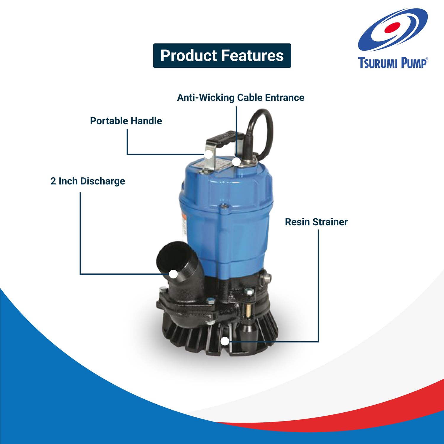 Tsurumi HS2.75S 0.75kW Single Phase Submersible Drainage Pump with Semi Vortex Impeller - 300LPM/180kPa Max Flow - Ideal for Basement Flooding, Construction Sites & Industrial Water Removal