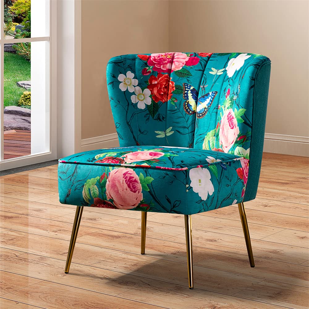 Modern Tufted Accent Chair - Armless Upholstered Lounge Chair with Curved High Back, Padded Cushion & Sturdy Metal Base - Comfortable Single Sofa for Living Room, Bedroom or Office - Blue Club Chair for Relaxing & Reading