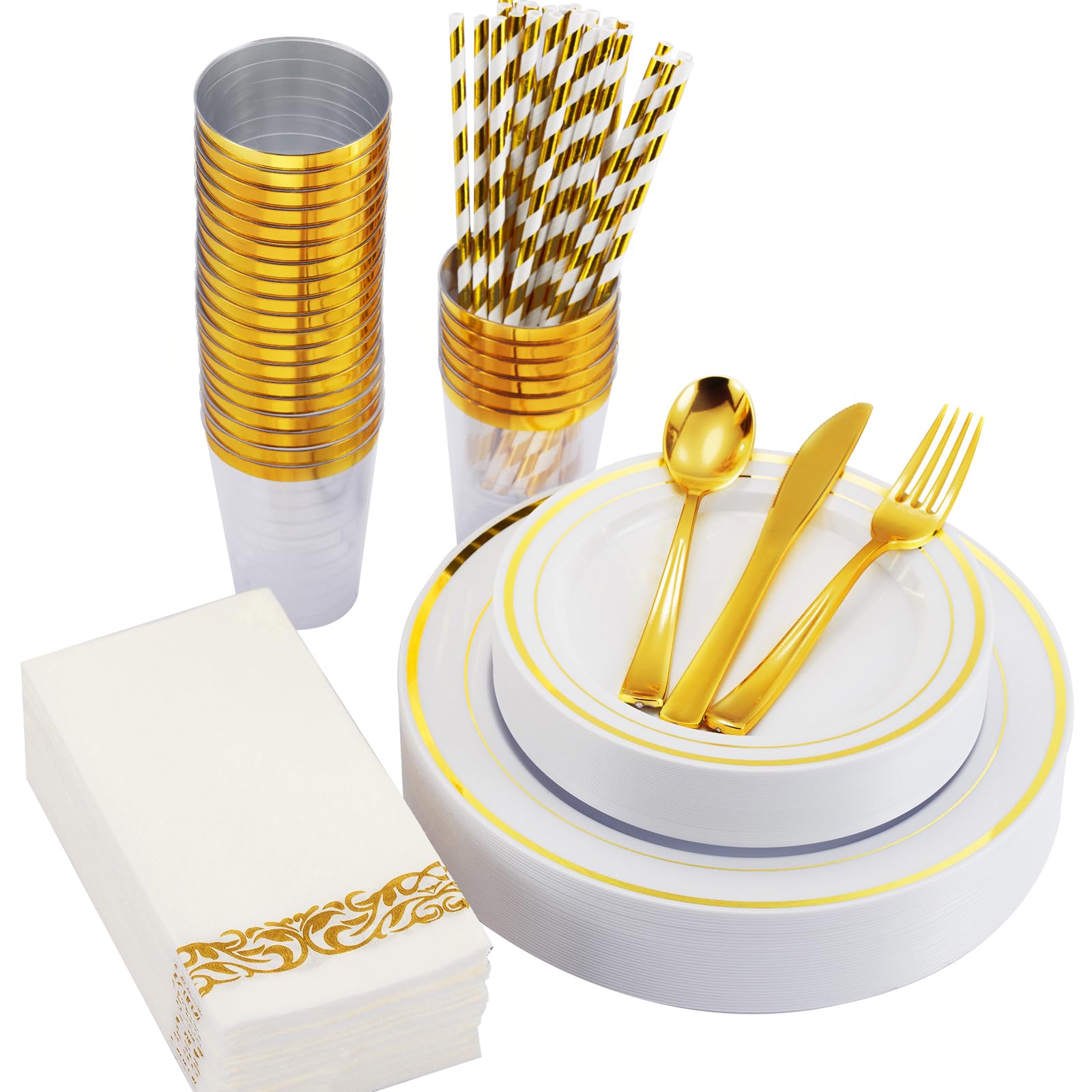 200-Piece Gold Dinnerware Set for 25 Guests - Heavy Duty Gold Rimmed White Plastic Disposable Plates, Cups, Silverware, Napkins & Straws - Elegant Wedding, Party & Event Tableware for Celebrations