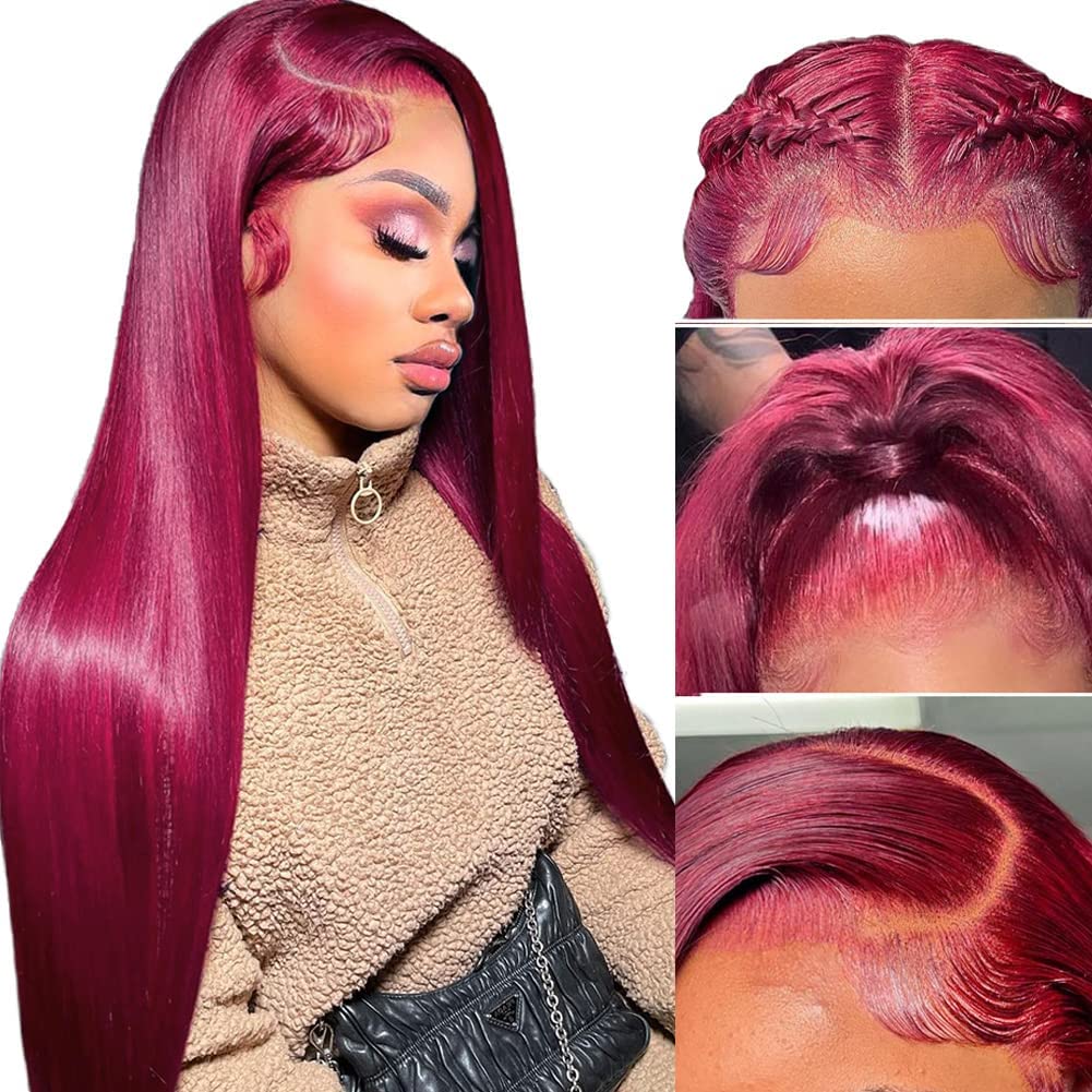 Burgundy 13x4 Lace Front Wig Human Hair 99J - 16 Inch Straight Glueless Pre Plucked with Baby Hair 180% Density Lace Frontal Wigs for Women | Perfect for Daily Wear, Cosplay, Parties & Special Occasions