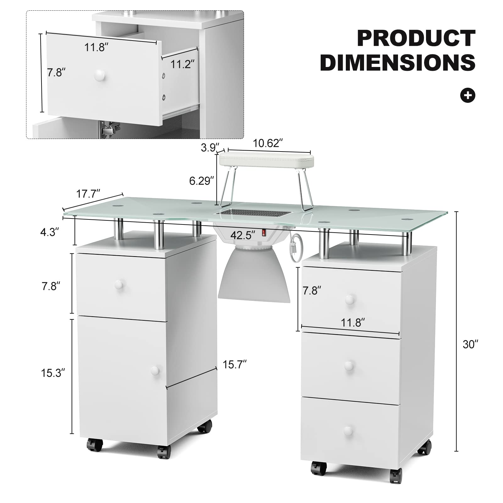 Paddie Professional Manicure Table with Tempered Glass Top, Foldable Armrest, Lockable Wheels & Storage Drawers - White | Portable Nail Salon Station for Home & Professional Use