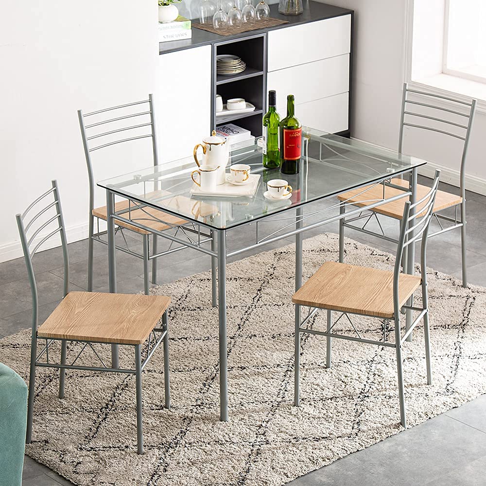 Modern 4-Piece Glass Dining Table Set with Tempered Glass Top & 4 Chairs - Perfect for Small Kitchens, Breakfast Nooks, and Cozy Dining Rooms