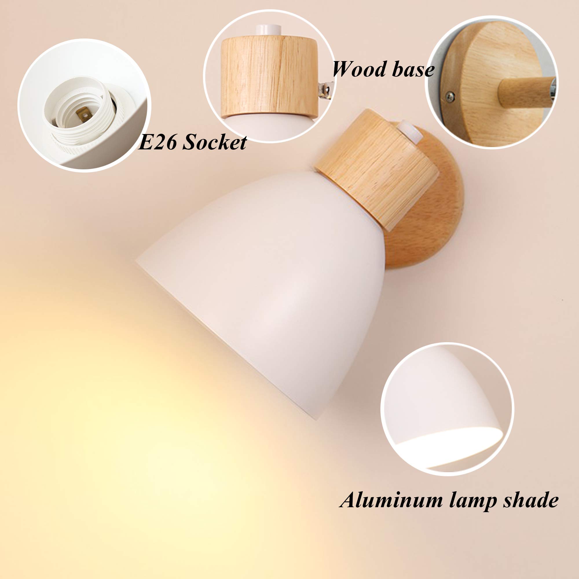 2-Pack Adjustable Wall Sconces with UL Plug-in Cord, E26 Aluminum White Shade Industrial Wall Lamp for Bedroom Reading, Hallway, Kitchen Island & Bathroom Lighting - Macaron Style Home Decor