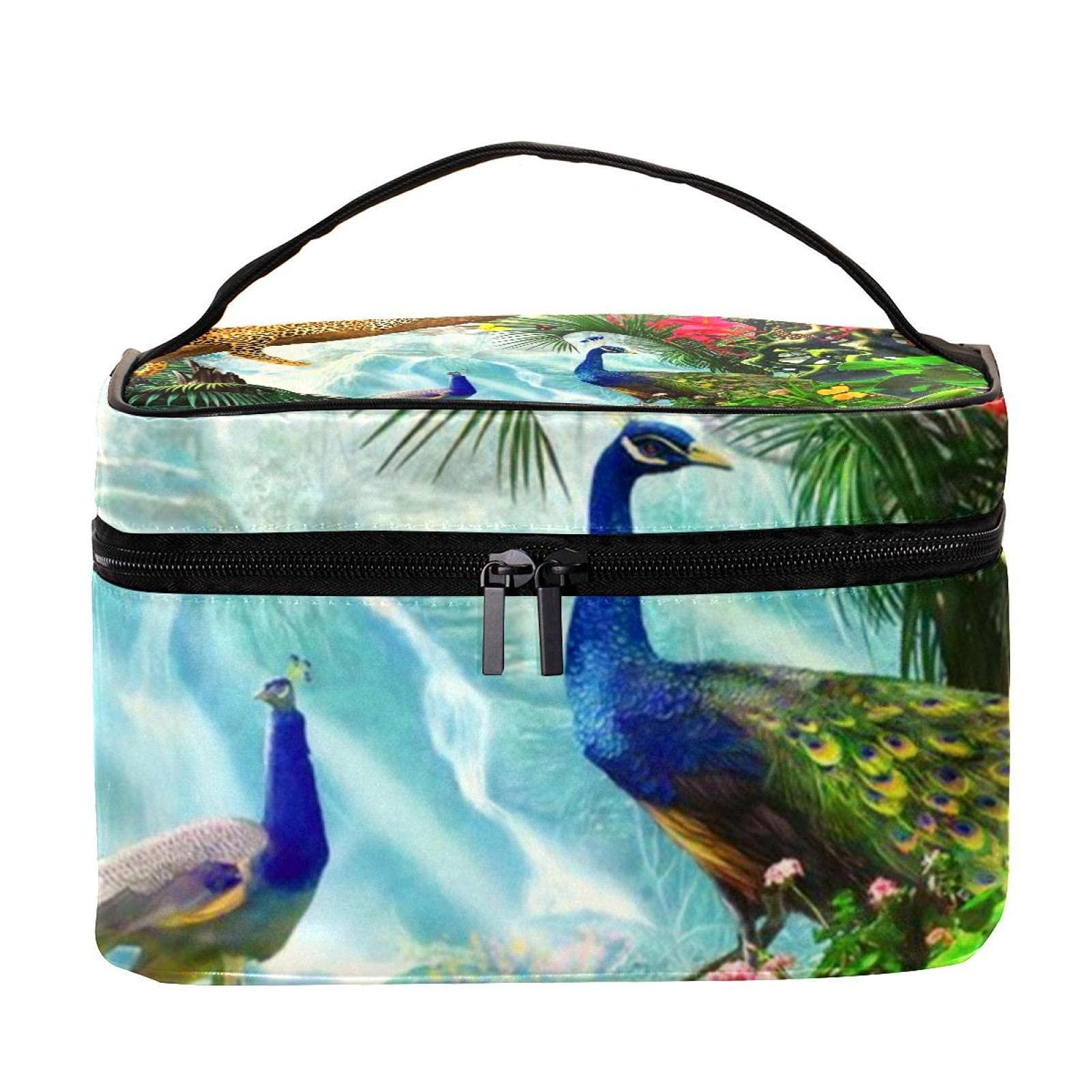 Stylish Forest Animals Peacock Cheetah Print Large Travel Makeup Bag - Waterproof Cosmetic Organizer with Zipper for Women & Girls | Perfect for Travel, Gym, and Daily Essentials Storage