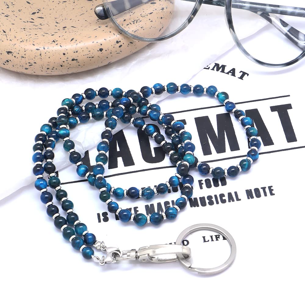 Beaded Lanyard for Women - ID Badge Holder & Keychain Necklace for Teachers & Office Use (Blue Tiger Eye)