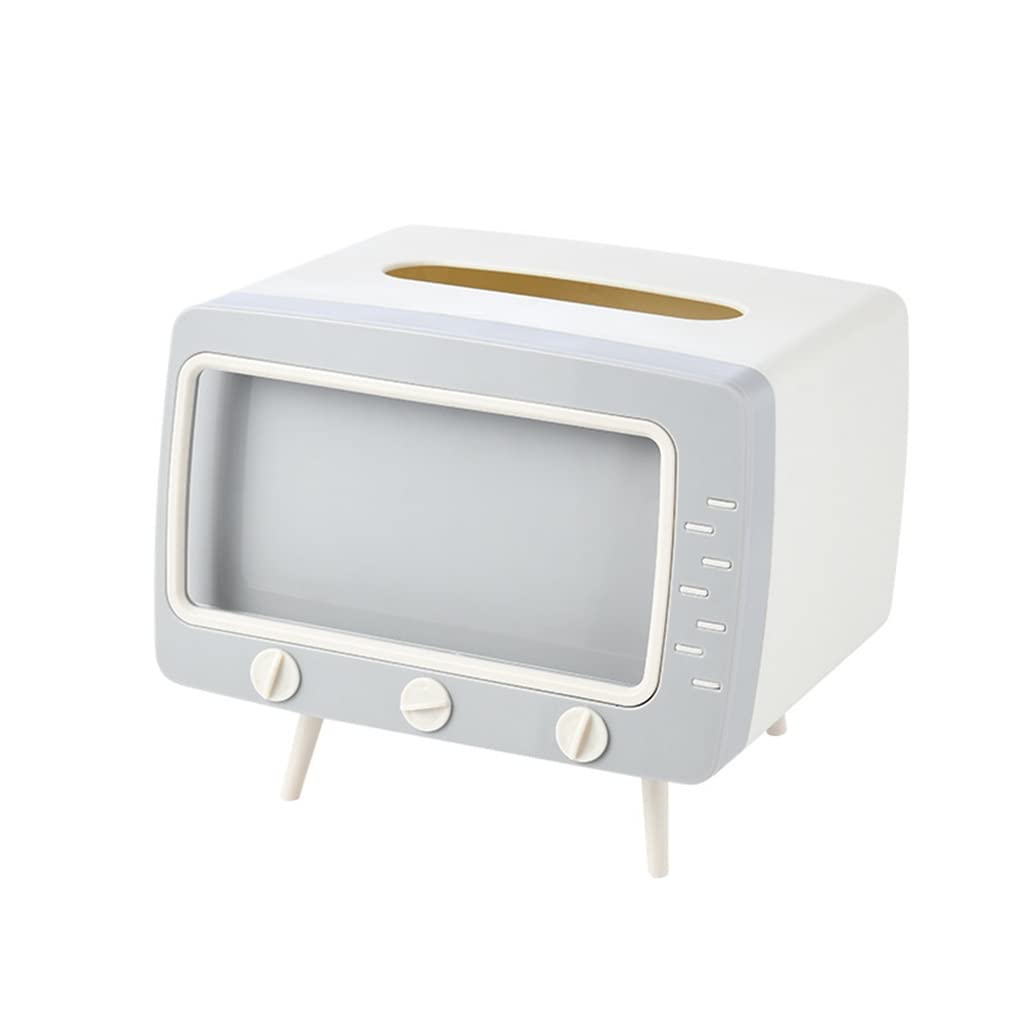 White TV Tissue Box Holder with Phone Stand - 18.5x16x14.5cm Desktop Paper Napkin Dispenser Storage Organizer for Living Room, Bedroom & Office