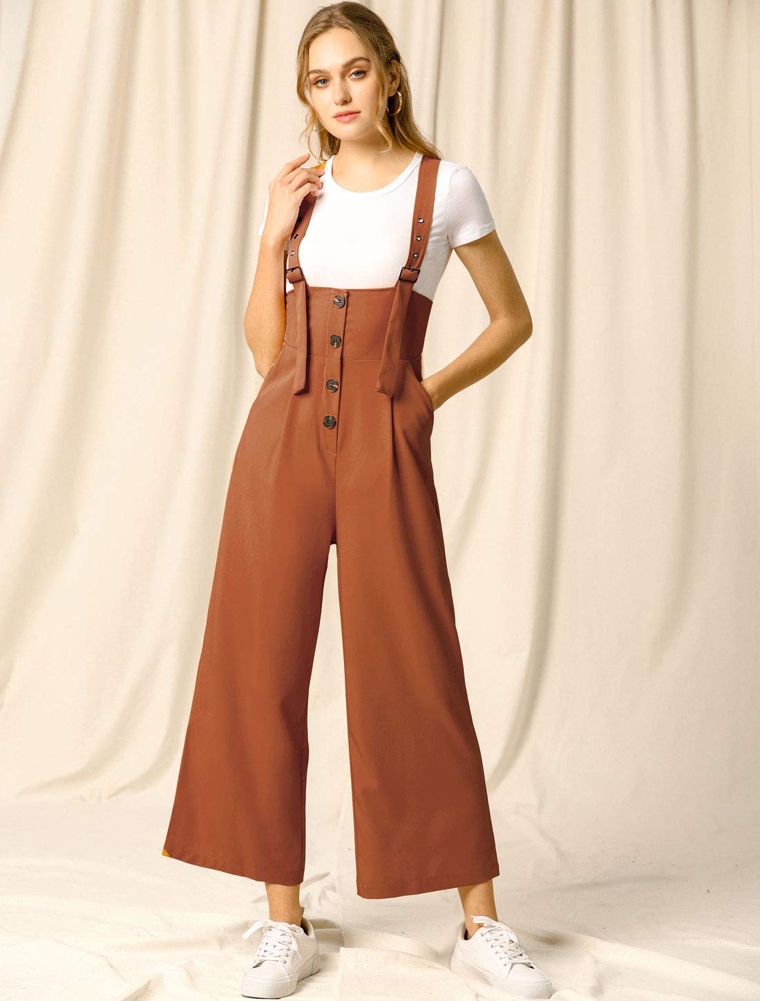Allegra K Women's High Waist Wide Leg Belted Jumpsuit with Buttons - Stylish Long Overalls for Casual Wear, Office Outfits & Spring Fashion
