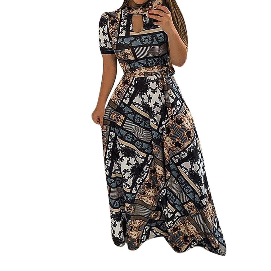 UIKMNH Women's Floral Print Plus Size Maxi Dress - Round Neck Short Sleeve Empire Waist Swing Long Summer Dress for Beach, Vacation & Casual Wear