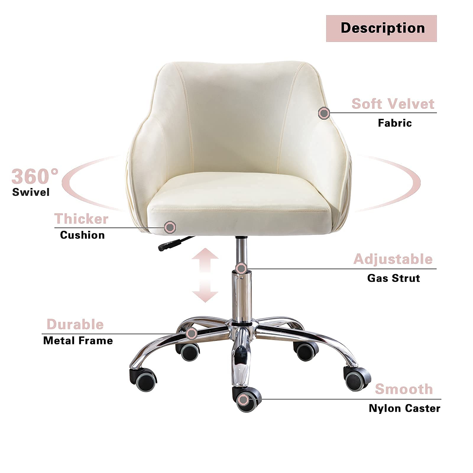 Cute Beige Velvet Desk Chair with Wheels & Arms - Comfy Swivel Rolling Task Chair for Teen Girls, Kids, Home Office, Makeup Room, Bedroom & Living Room | Perfect for Studying, Working & Vanity Areas