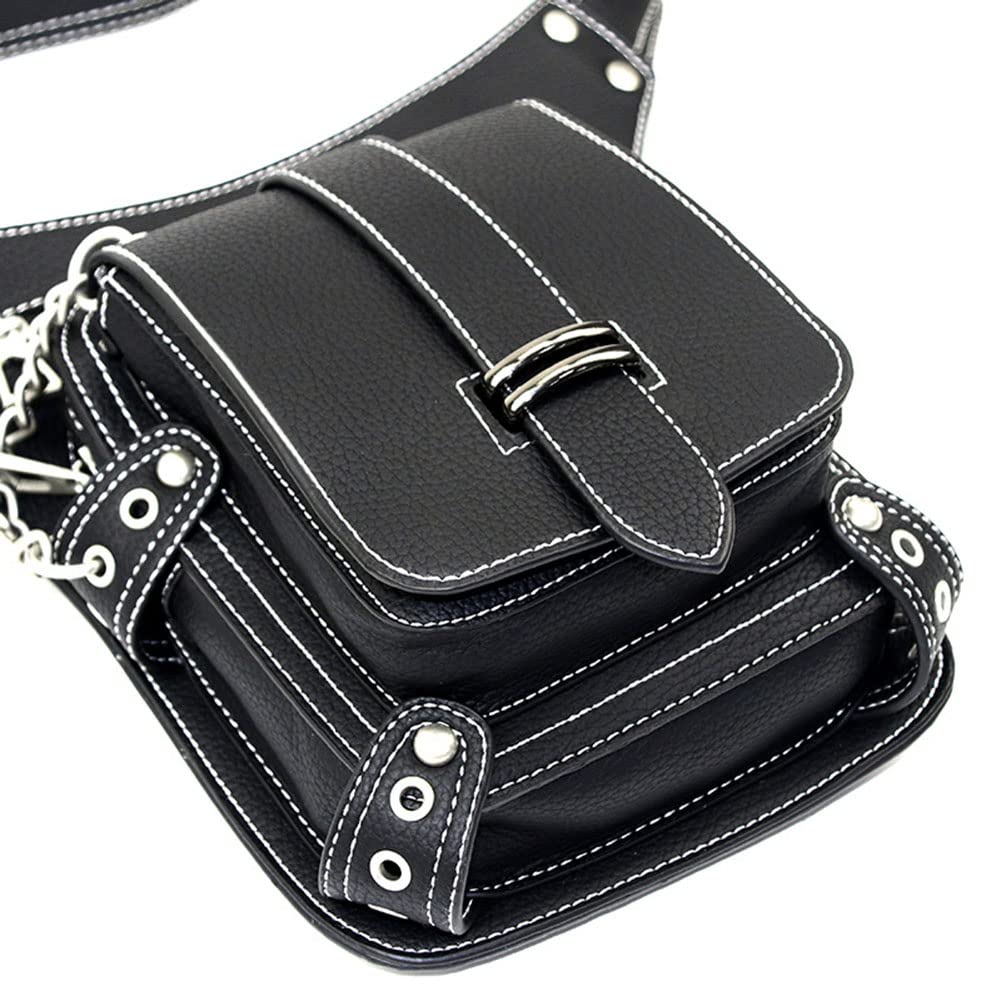 Gothic Waist Bag Fanny Pack - Genuine Leather Steampunk Crossbody Bag with Chain - Vintage Messenger Hip Pouch for Women & Men - Perfect for Cosplay, Rave, Music Festivals & Daily Use (D51)