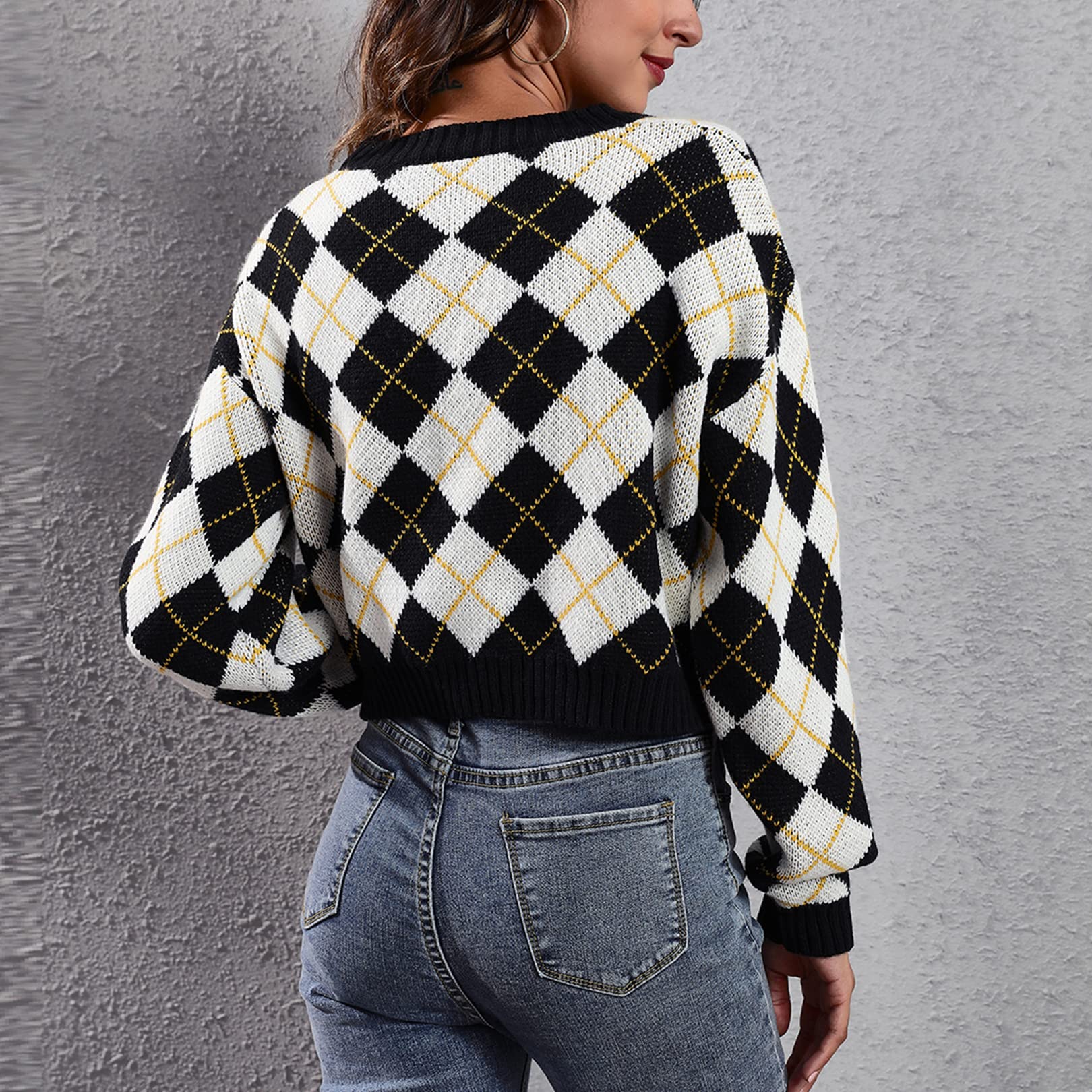 Flygo Women's Long Sleeve Color Block Argyle Plaid Button Front V-Neck Soft Knit Cardigan Sweater - Cozy Fall & Winter Layering Piece for Work, Dates and Casual Outings