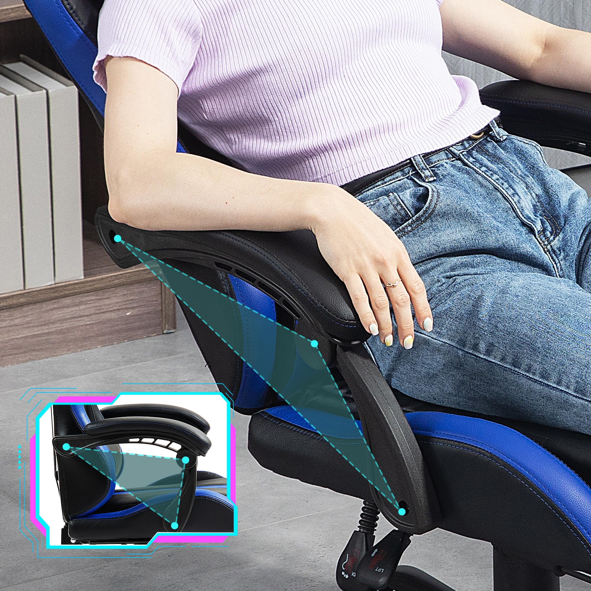 Ergonomic Massage Gaming Chair with Adjustable Footrest & Lumbar Support - PU Leather Office Computer Chair with 360° Swivel & Height Adjustment - Perfect for Home Office, Gaming Setup & Workstation Comfort (Blue)