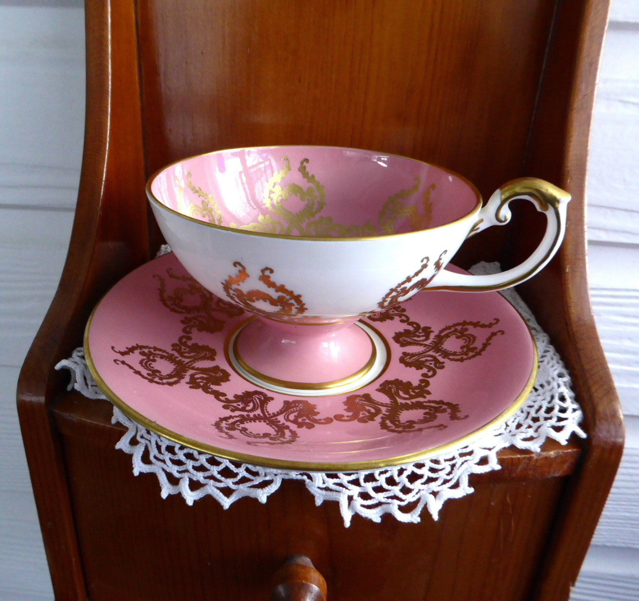 Vintage Aynsley Pink & Gold Overlay Bone China Cup and Saucer Set with Fruit Design - Elegant Tea Set for Afternoon Tea, Bridal Shower, or Collectible Display (1950s)