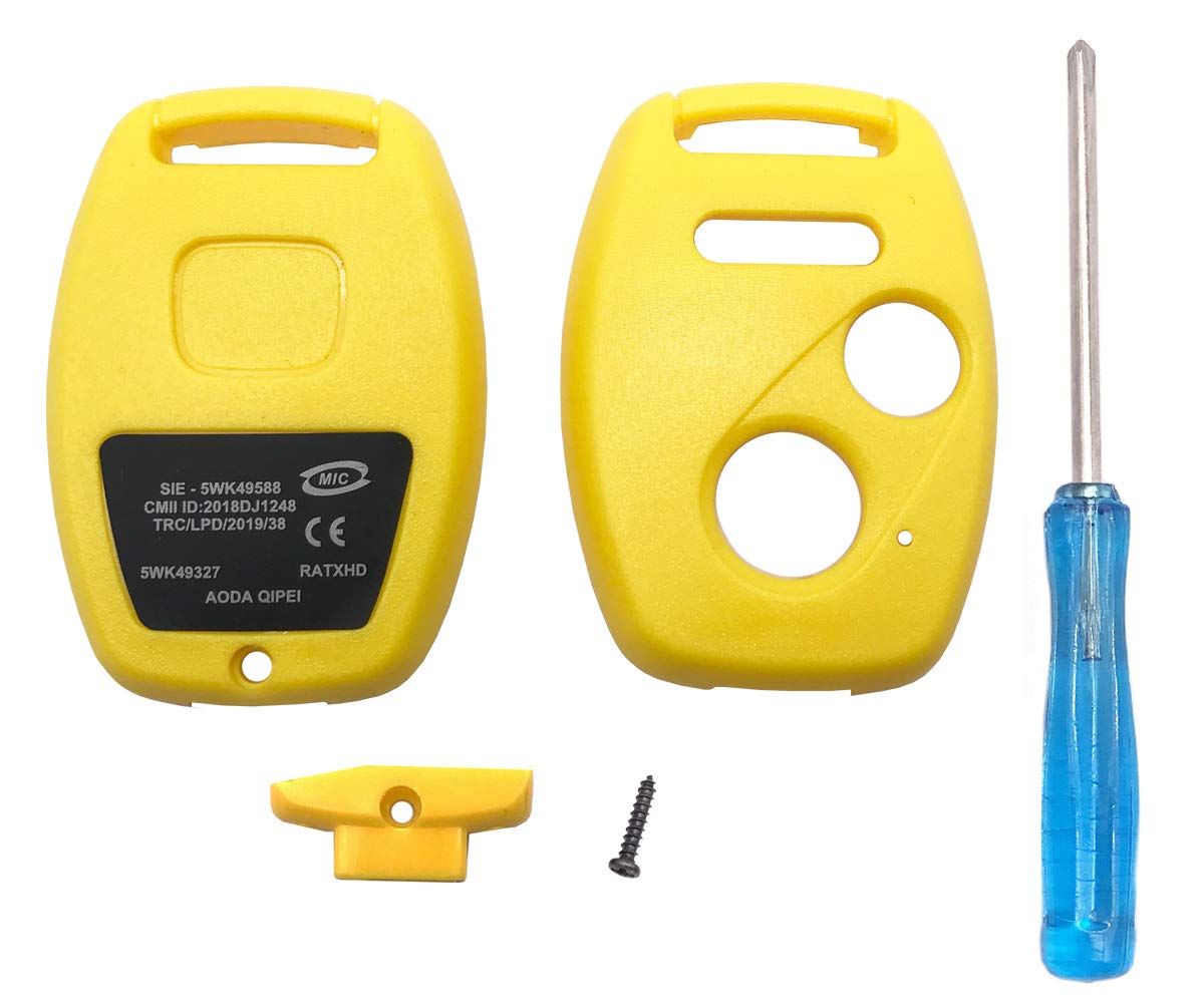Honda Key Fob Replacement Cover Case (2003-2015 Models) - Compatible with Accord, Civic, Pilot, CR-V, Ridgeline & Odyssey - Durable Shell Accessories (2+1 Pack, Yellow) - Perfect for Key Protection & Easy Identification in Low Light