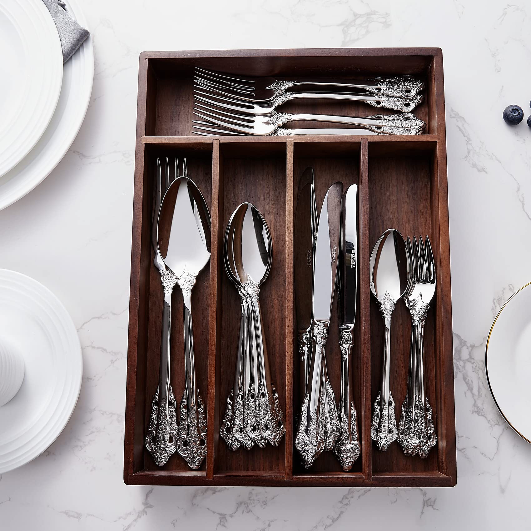 KEAWELL 45-Piece 18/10 Stainless Steel Silverware Set - Service for 8 with Serving Utensils, Mirror Polish Cutlery Set in Antique Baroque Style (Gift Box Included) - Perfect for Fine Dining, Wedding Registry & Luxury Home Decor