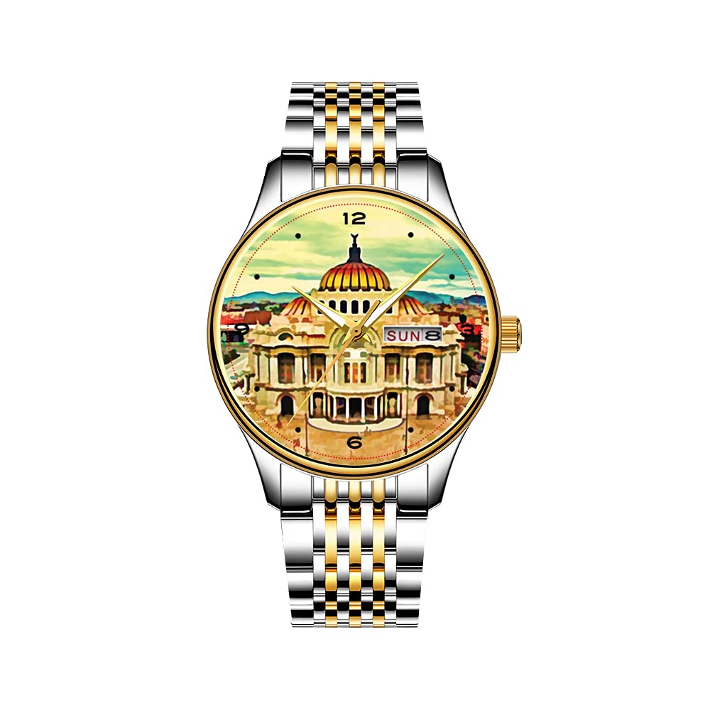 **Men's Christmas Watch - Japanese Quartz Movement, Date Display, Stainless Steel Bracelet, Gold Painted Union Jack Design - Perfect for Holiday Gifts, Parties & Festive Occasions**