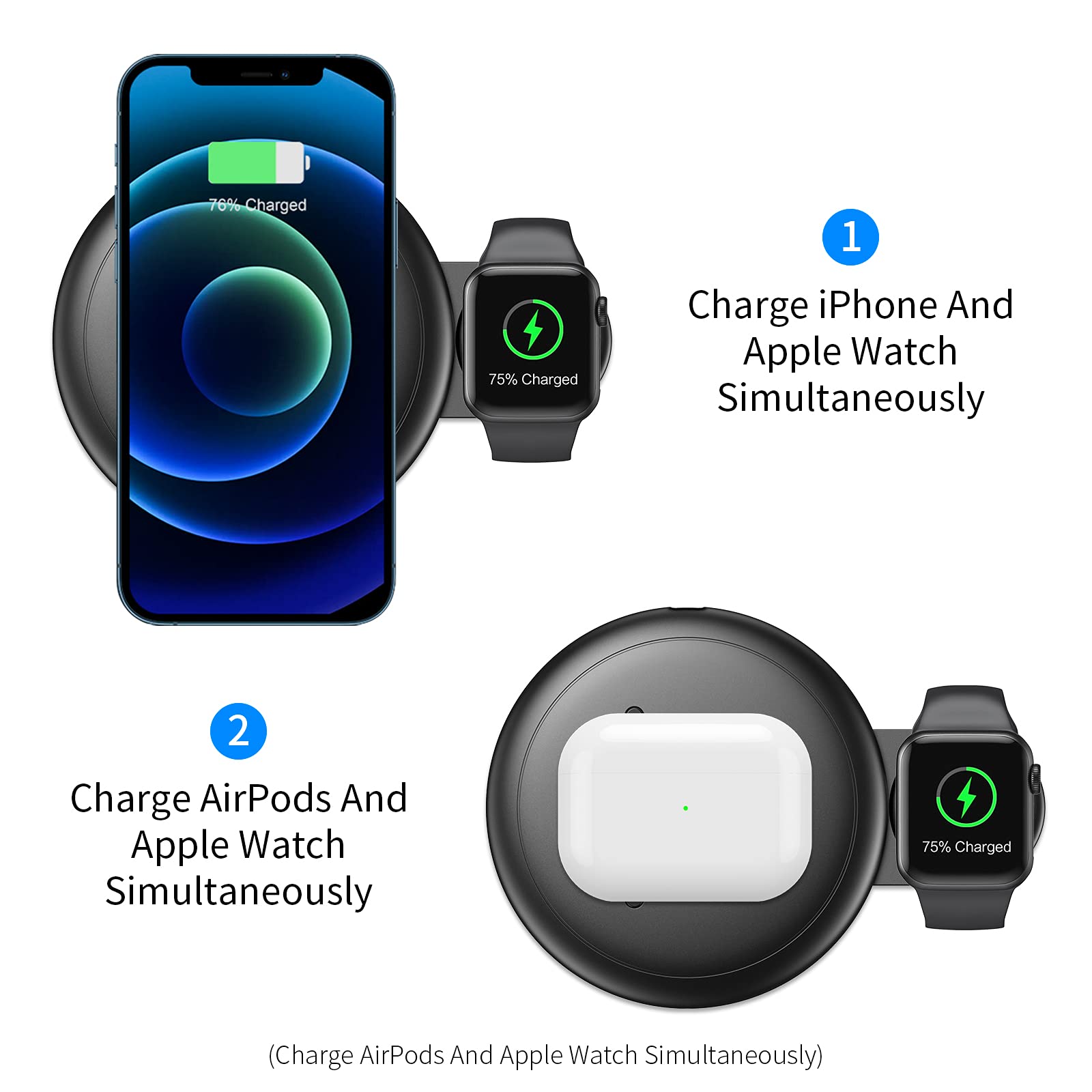 Nalwort 2-in-1 Wireless Charger Stand for iPhone 15/14/13/12/11, Apple Watch 6/SE/5/4/3/2/1 & AirPods - Qi Fast Charging Station (No Adapter Included) | Perfect for Bedside, Office & Travel Charging
