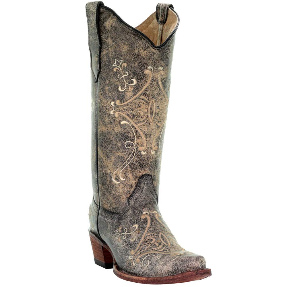 Women's Black Crackle & Bone Embroidered Cowgirl Boots - Western Style Leather Riding Boots for Country Dancing, Rodeo & Everyday Fashion