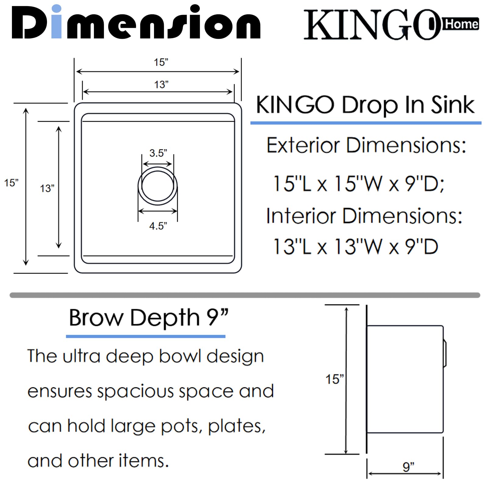 15x15 Inch Stainless Steel Undermount Bar Sink | 16 Gauge Commercial Grade Prep Sink with Accessories | Perfect for RV Kitchen, Wet Bar & Small Space Workstations | Durable & Stylish Single Bowl Design for Food Prep & Beverage Service