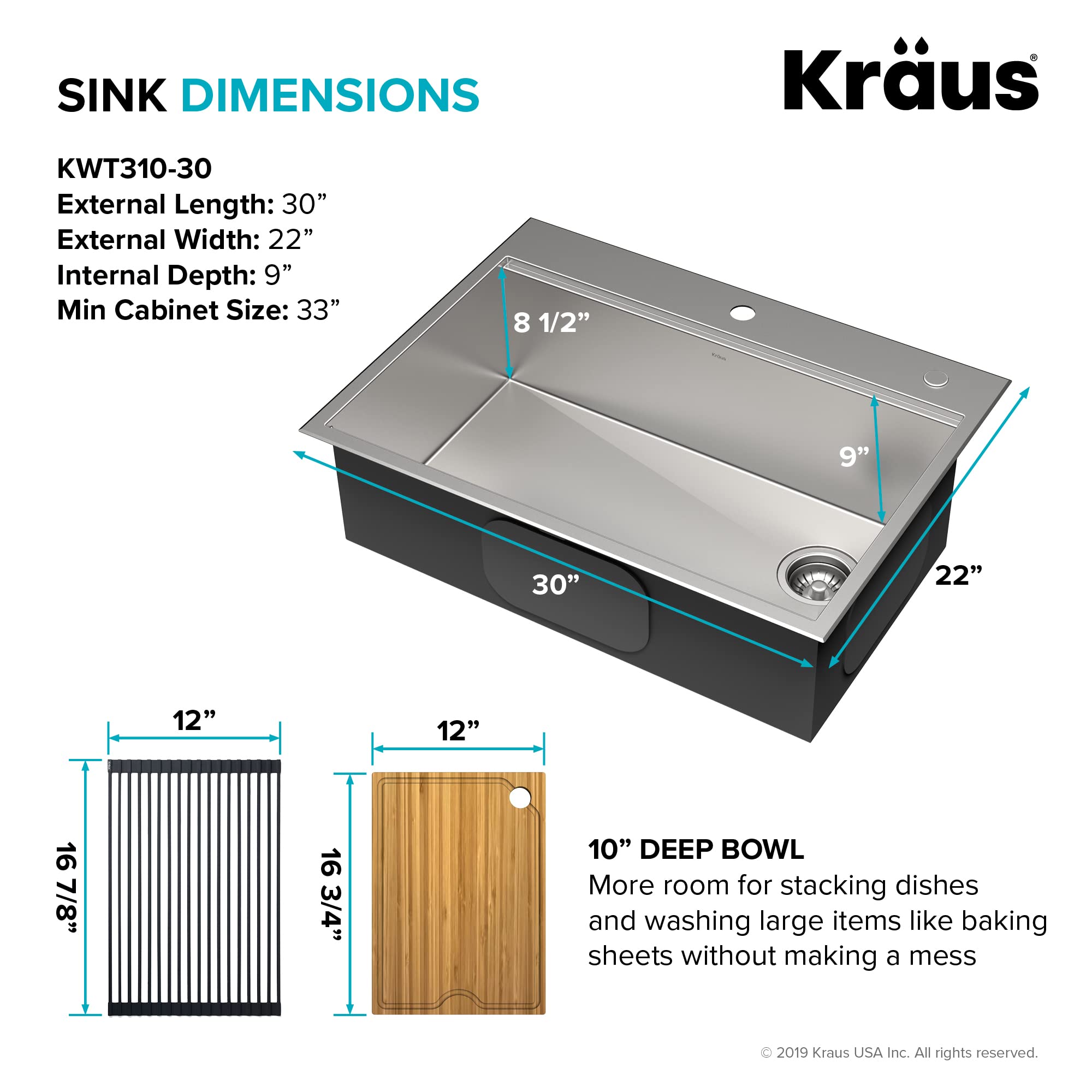KRAUS Kore 30-inch Drop-In 16 Gauge Stainless Steel Single Bowl Kitchen Sink with WasteGuard Garbage Disposal & Accessories (5-Pack) - Perfect for Modern Kitchens, Restaurants & Food Prep Areas