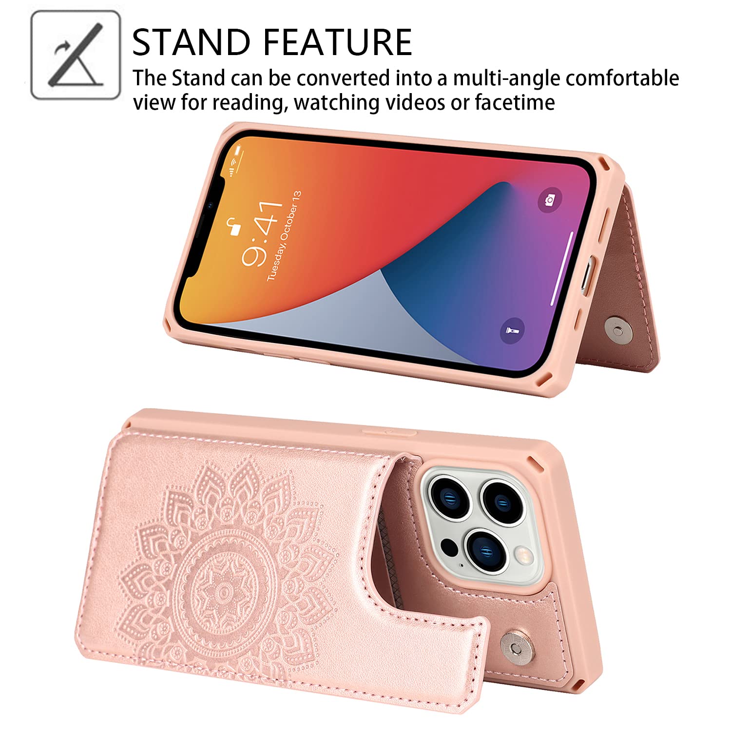 Premium Leather Wallet Case for iPhone 13 Pro Max with Card Holder & Stand - Shockproof Protective Phone Cover with Strap for Men & Women (Rose Gold) - Perfect for Daily Commute, Travel & Hands-Free Use