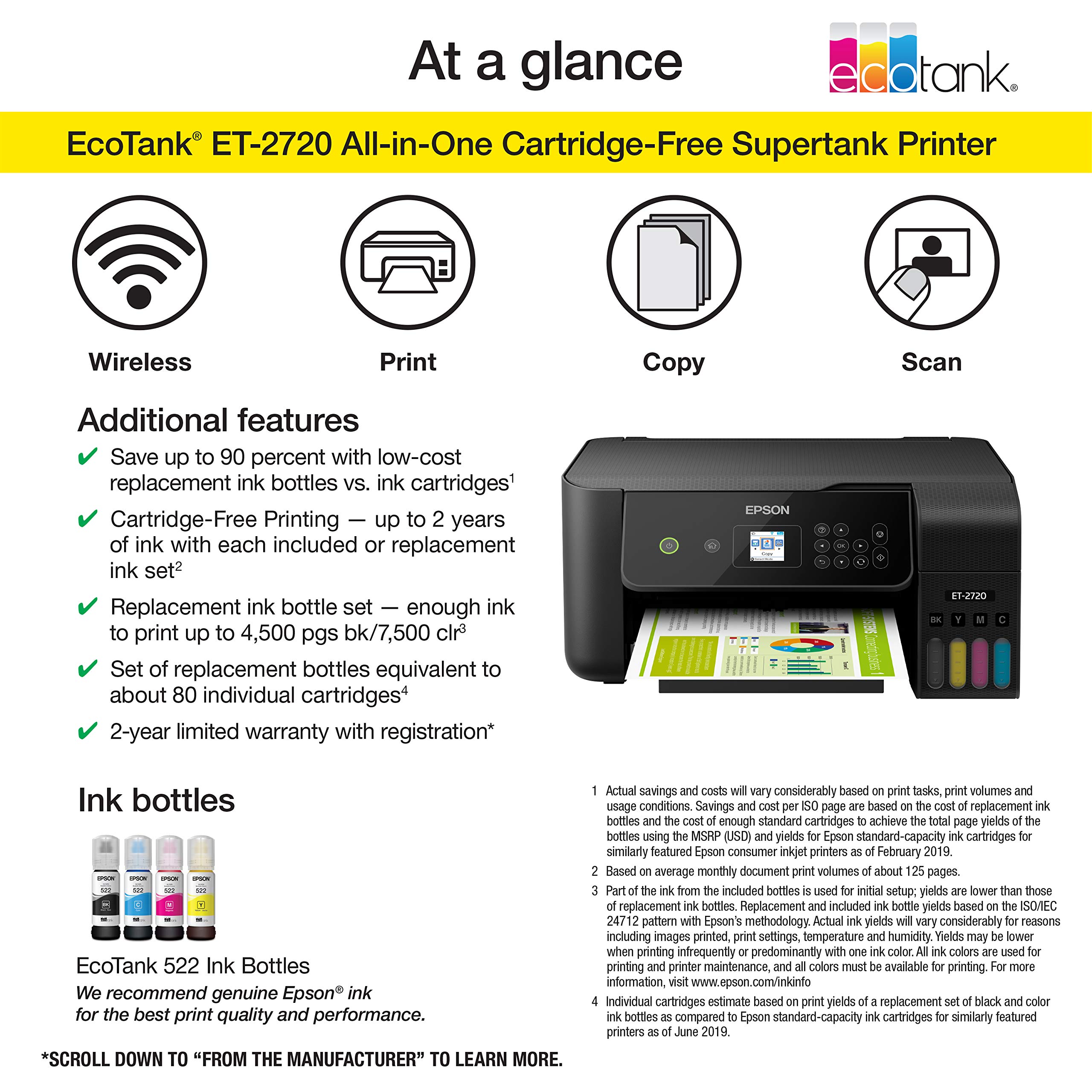 Epson EcoTank ET-2720 Wireless All-in-One Printer with Scanner, Copier & High-Capacity Ink Tanks - Black | Ideal for Home Office, Small Business & Remote Work Printing Needs