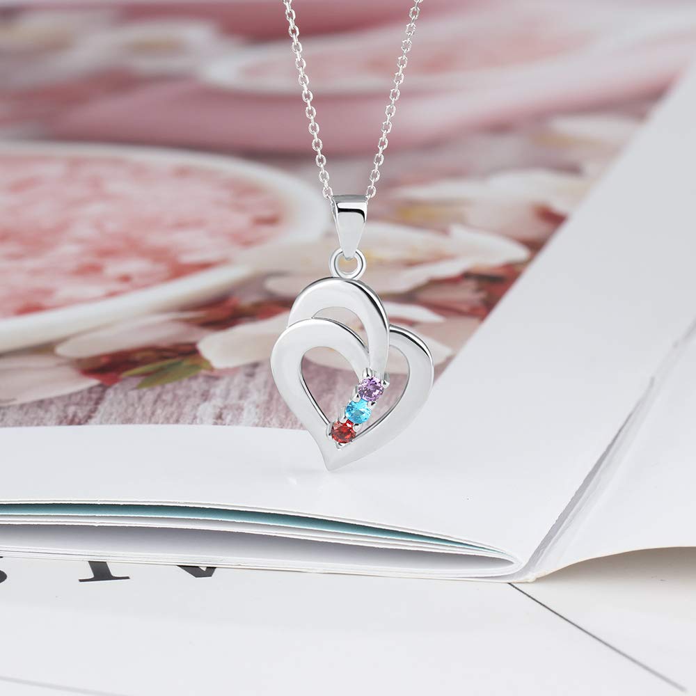 Custom Sterling Silver Mothers Necklace - 3 Birthstones & Engraved Names - Heart Pendant for Family Gifts & Special Occasions