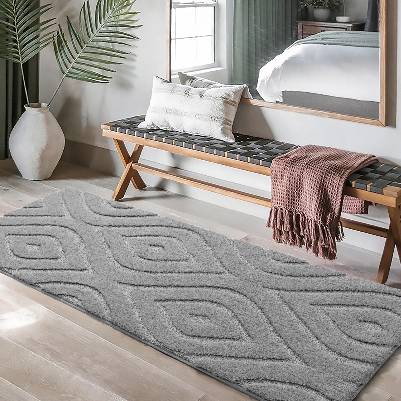 DEXDE Non-Slip Soft Washable Bathroom Rug Runner 24x60 Inches - Large Absorbent Bath Mat for Bathroom, Bedroom, Hallway & Kitchen Floor - Modern Boho Decor Gray - Perfect for High-Traffic Areas & Cozy Home Decor