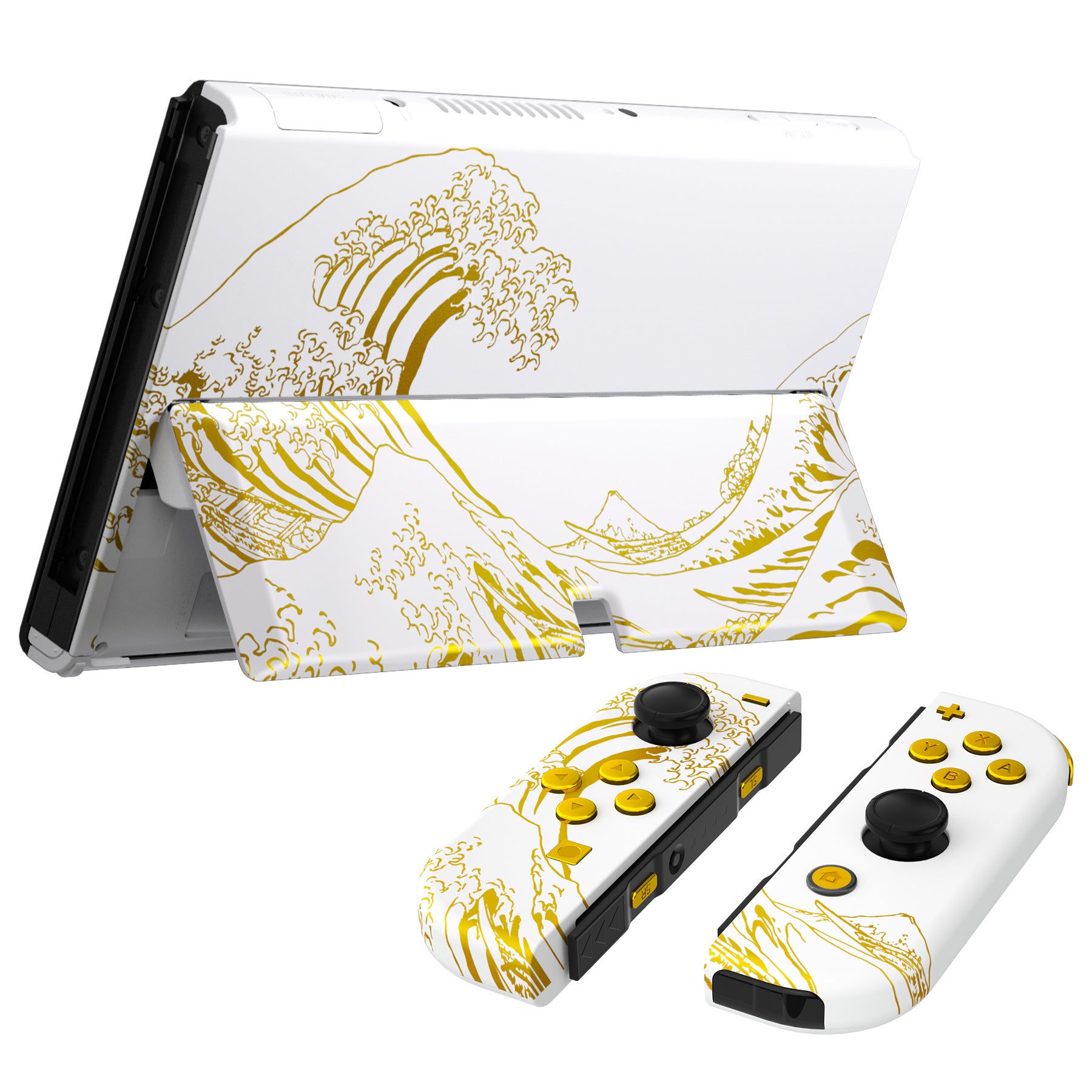 eXtremeRate Golden Wave Off Kanagawa Custom Shell & Button Set for Nintendo Switch OLED - White - Gaming Accessories for Enhanced Aesthetics & Comfort
