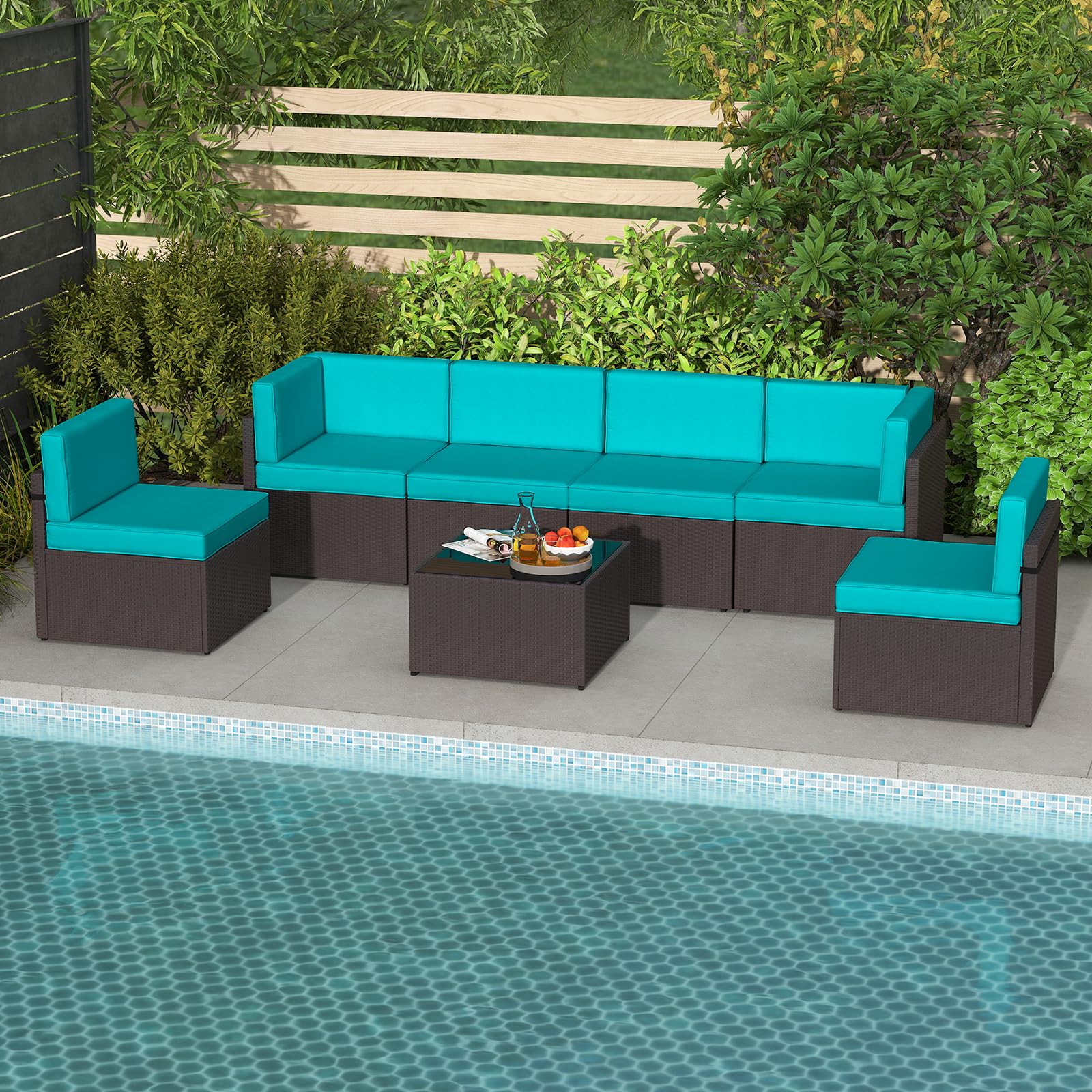 JSUN7 7-Piece Outdoor Patio Furniture Set - PE Rattan Sectional Sofa with Coffee Table & Cushions, Turquoise Wicker Garden Sofa Set for Backyard, Poolside & Balcony Relaxation