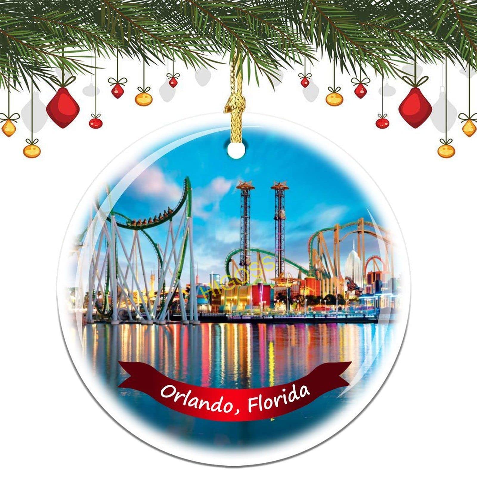 Orlando Florida Christmas Tree Ornament - 3 Inch Double-Sided Porcelain Ceramic Hanging Decoration for Holiday Decor, Gift & Home Celebration