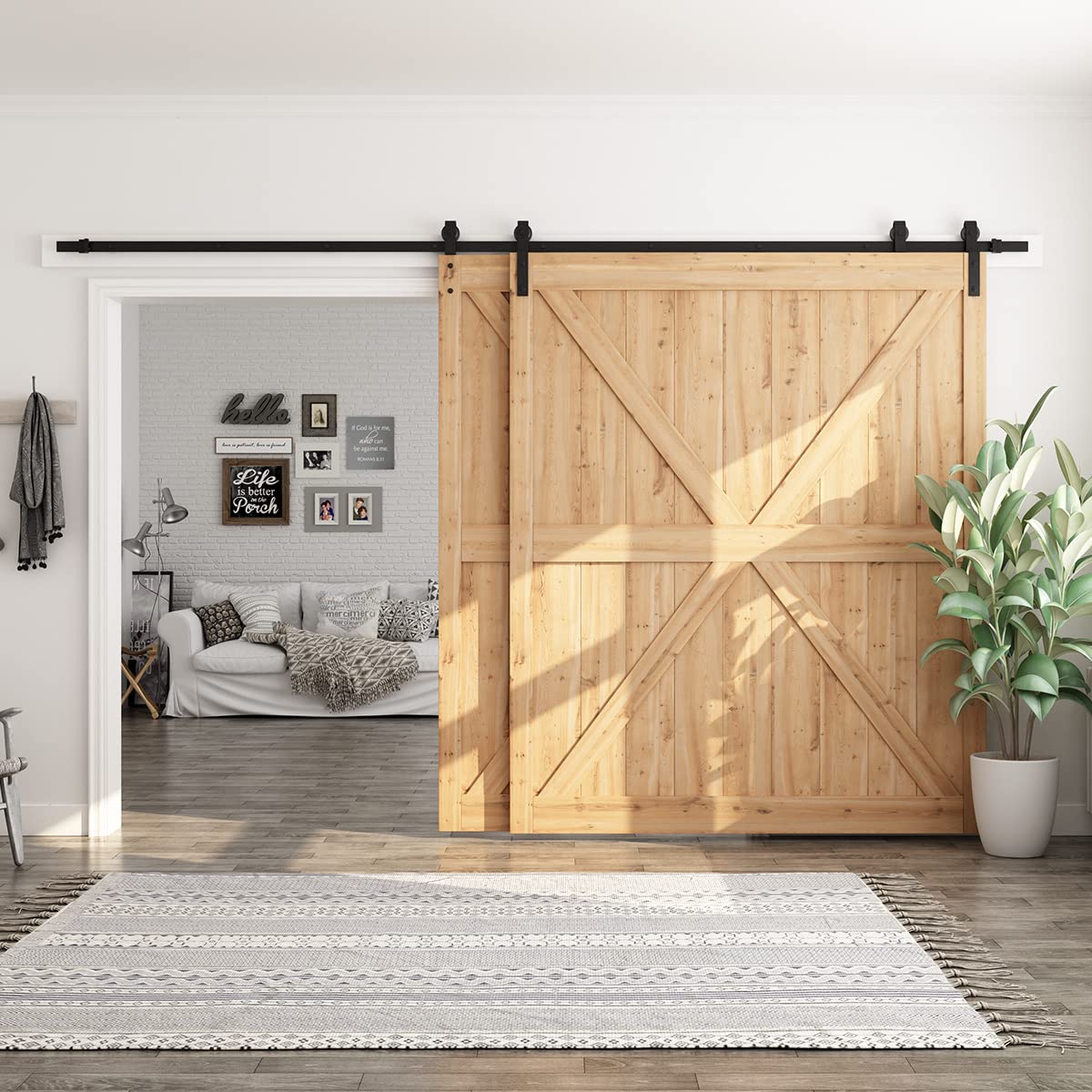 SMARTSTANDARD 12 Feet Bypass Sliding Barn Door Hardware Kit for Double Wooden Doors - Single Track System - Smooth Quiet Operation - Easy Installation Fits 132