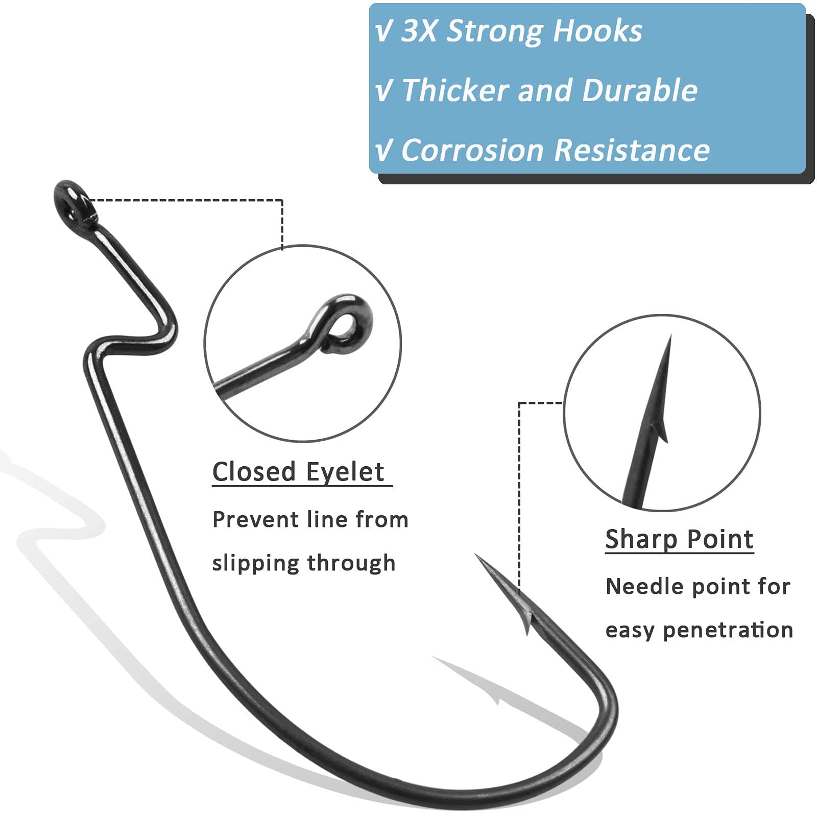 3X Strong Offset Worm Hooks - Wide Gap Barbed Fishing Hooks for Soft Plastic Baits, Bass & Trout - Freshwater & Saltwater Jig Hooks | Ideal for Bass Fishing, Trout Angling, and Saltwater Game Fishing