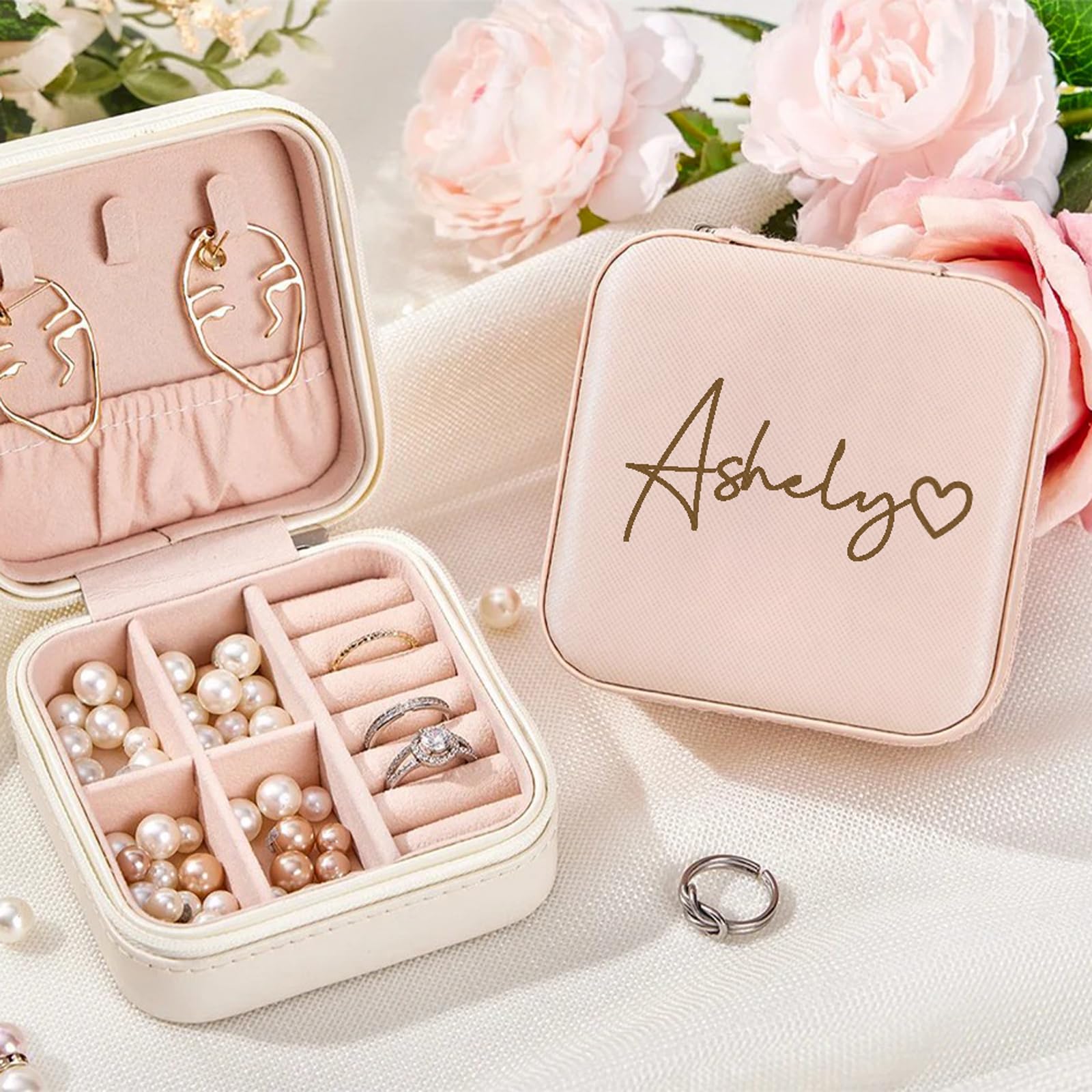 Personalized Jewelry Box with Heart - Custom Leather Travel Jewelry Case & Ring Box - Perfect Bridesmaid Gifts, Birthday & Christmas Presents for Women - Great for Travel, Wedding Proposals & Gift Giving